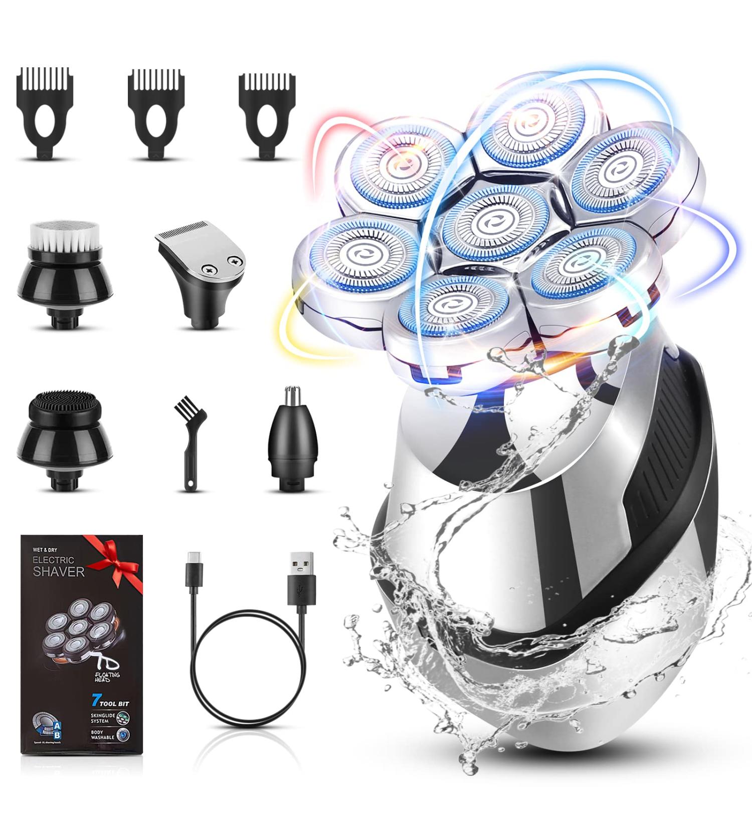 7D Electric Rotary Head Shaver for Bald Men Cordless USB Rechargeable Wet Dry Razor with Nose Hair Trimmer and Sideburns - Buy Online on GoSupps.com