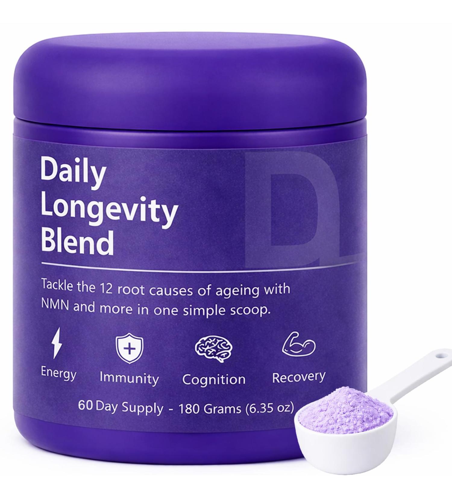 Daily Longevity Blend Supplement Supports Energy Levels Healthy Weight Immunity&Cognition 18-Ingredient Whole-Body Formula Pterostilbene Glycine Hyaluronic Acid L-Theanine 180g (6.35 oz) (1) - Buy Online on GoSupps.com