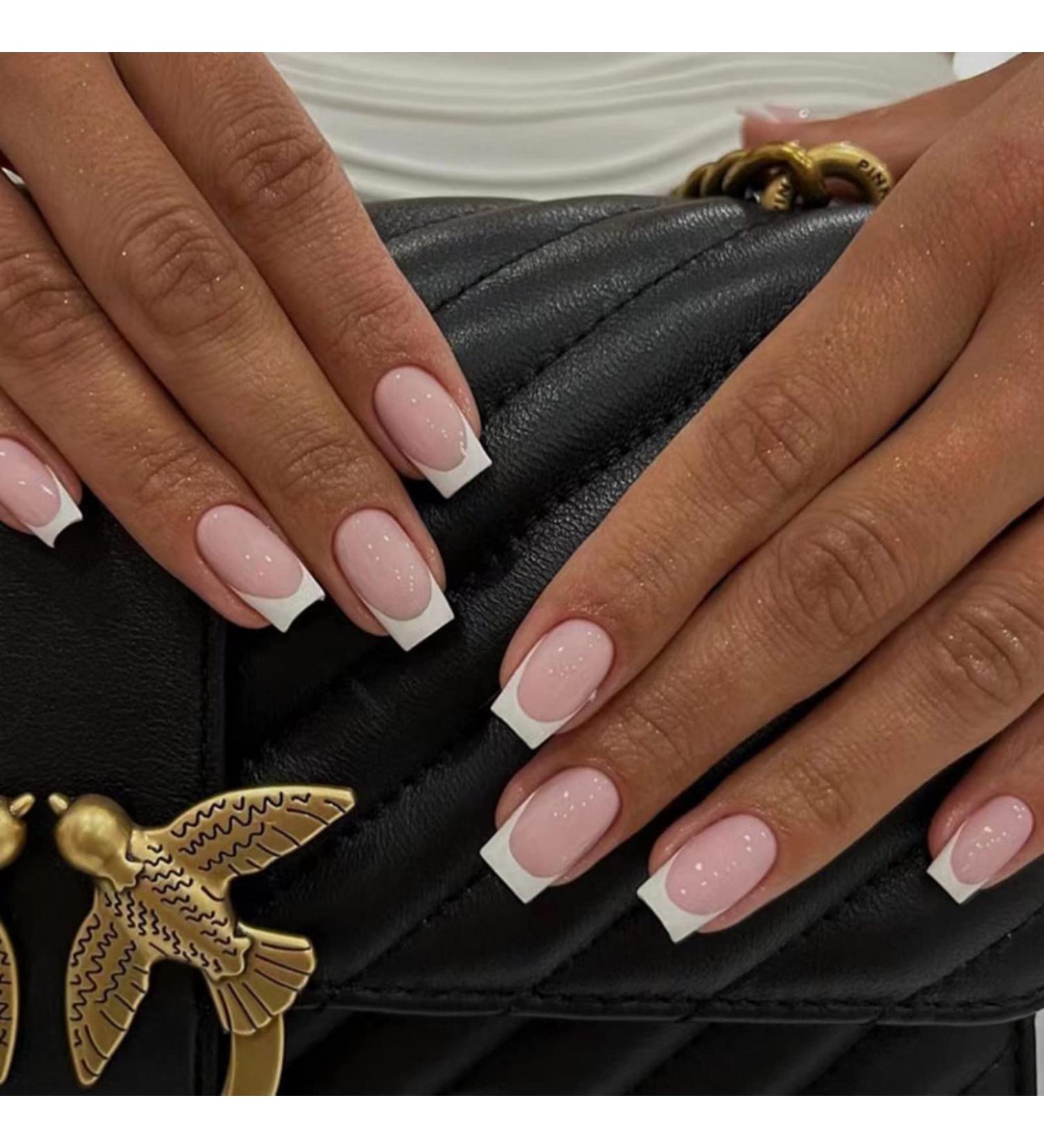 Justotry 24 PCs Beige White Angular Press On Nails | Classic Nude Fake Nails | Square French Artificial Nails for Women - Perfect for Nail Art - Buy Online on GoSupps.com