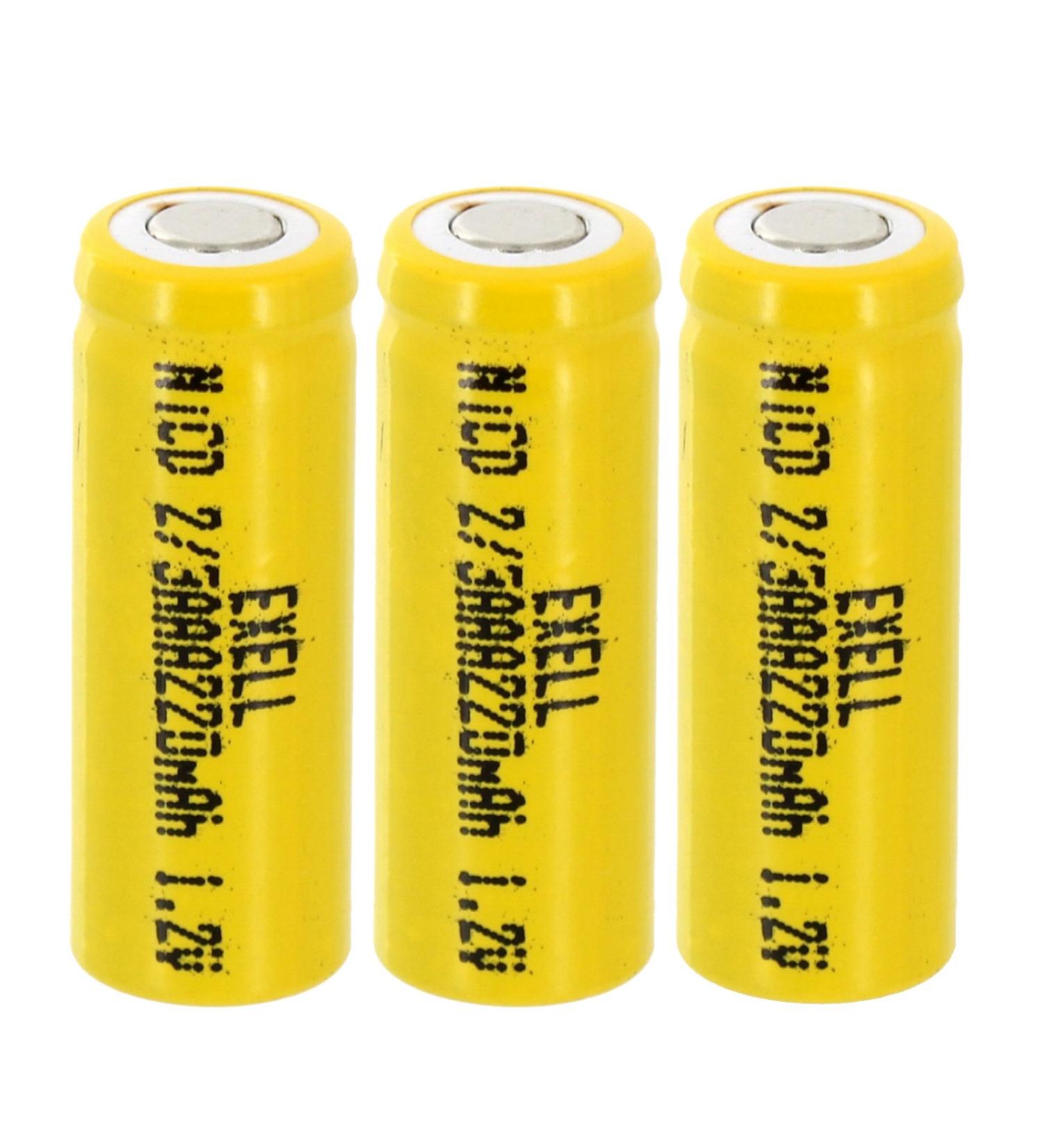 3x Exell 2/3AAA NiCD 220mAh 1.2V Flat top Rechargeable Battery