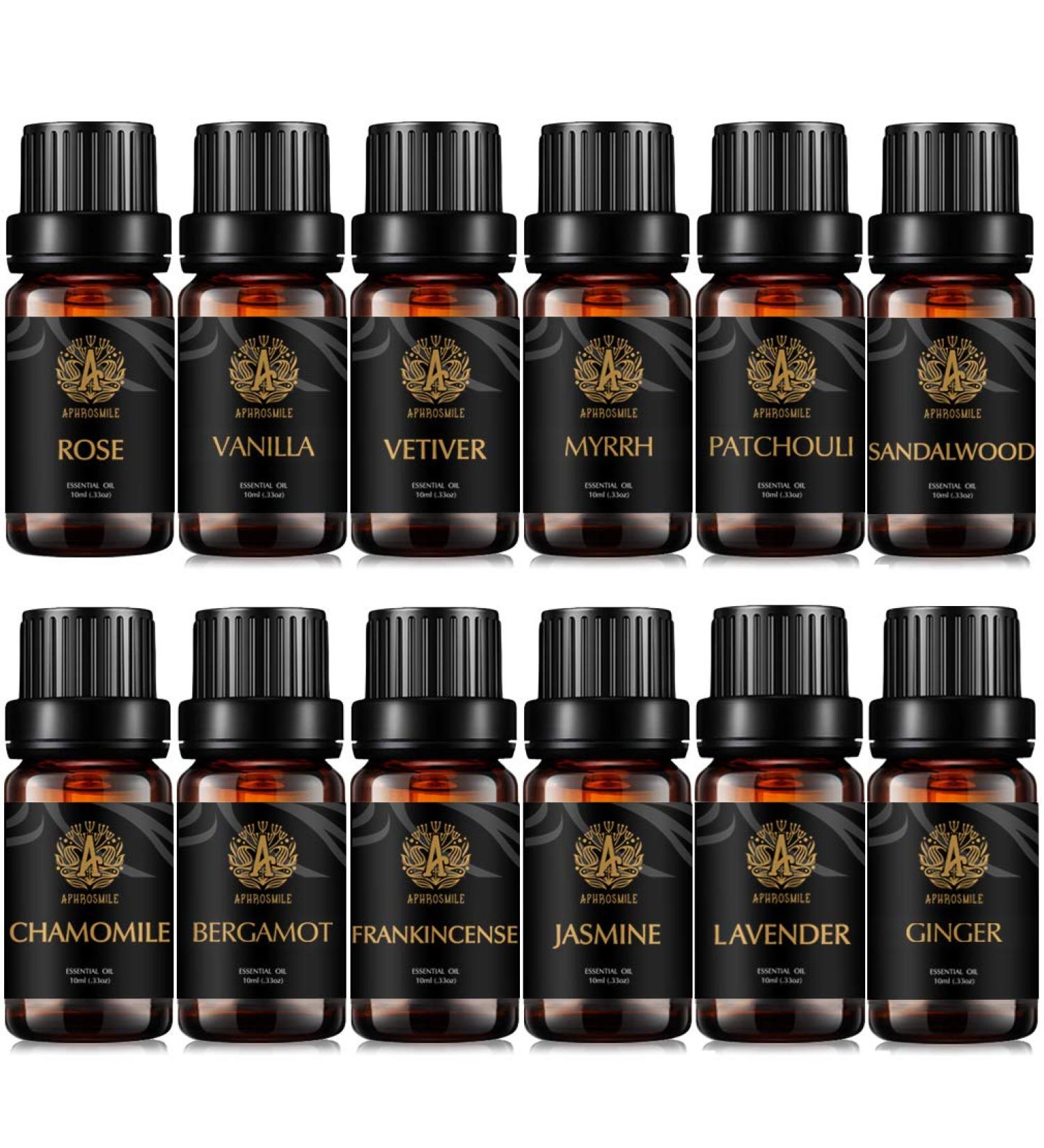 Pure Aromatherapy Essential Oil Set - Vanilla Rose Jasmine Sandalwood & More - 12x10ml Therapeutic Grade Diffuser Oils for Home - Buy Online on GoSupps.com