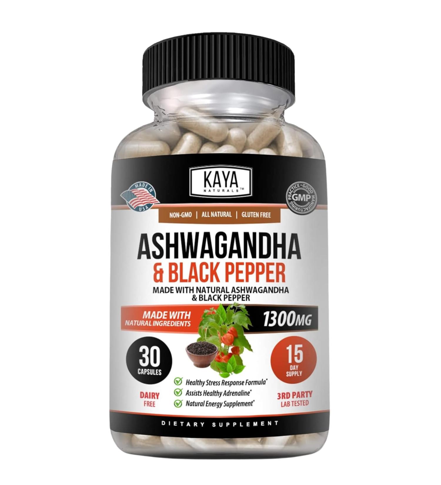 Kaya Naturals Ashwagandha Root with Black Pepper | Maximum Strength 1300mg Adaptogen Supplement Support Adrenal Glandular Health Mood Relief Focus Energy & Vitality for Men & Women 30 Count (Pack of 1) - Buy Online on GoSupps.com