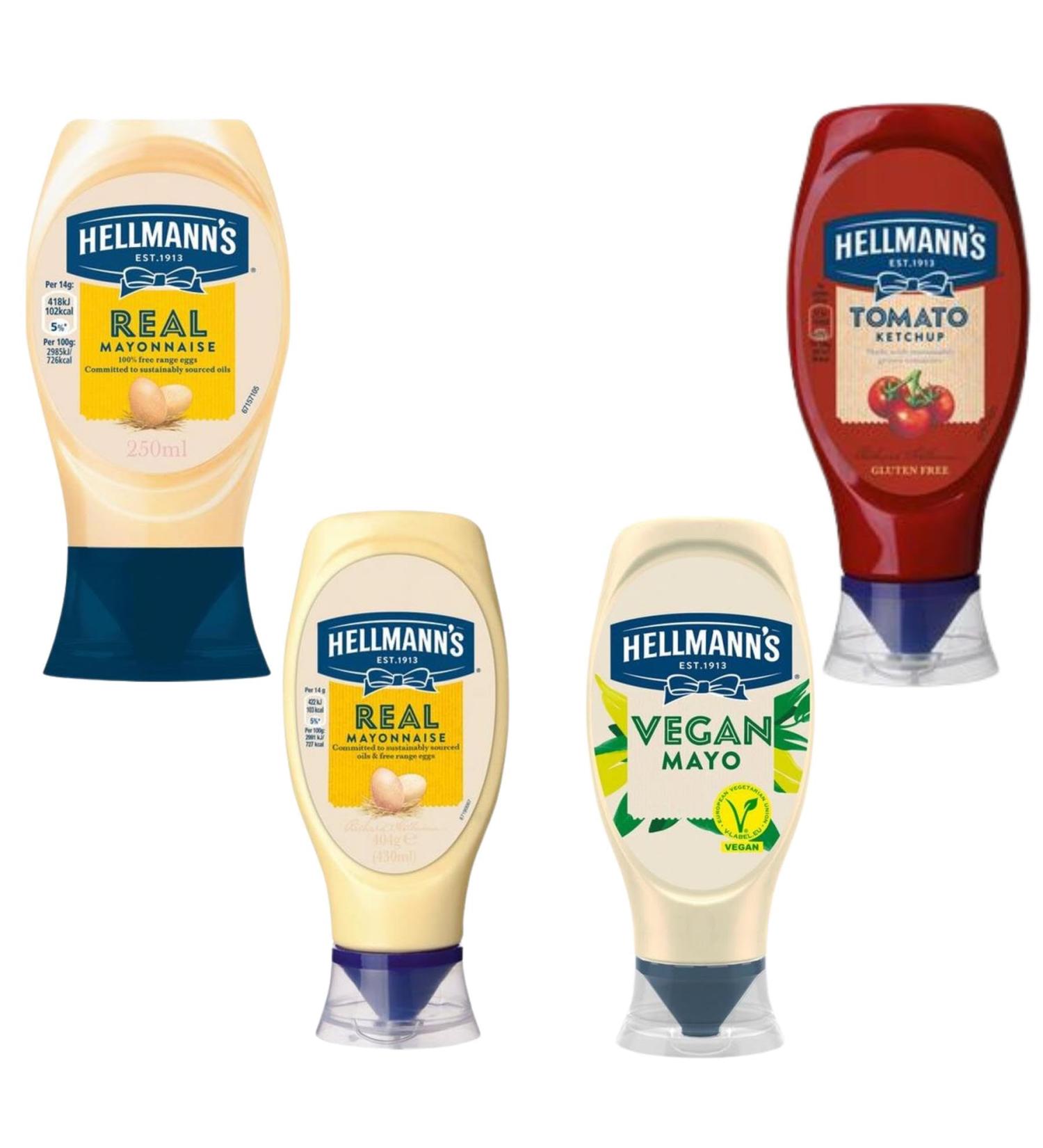 Hellmanns Mayonnaise and Squeezy Pick N Mix - Choose From 4 Flavours | Real Squeezy-Mayonnaise Tomato Ketchup Vegan-Mayo Squeezy - Pack of 3 - Buy Online on GoSupps.com