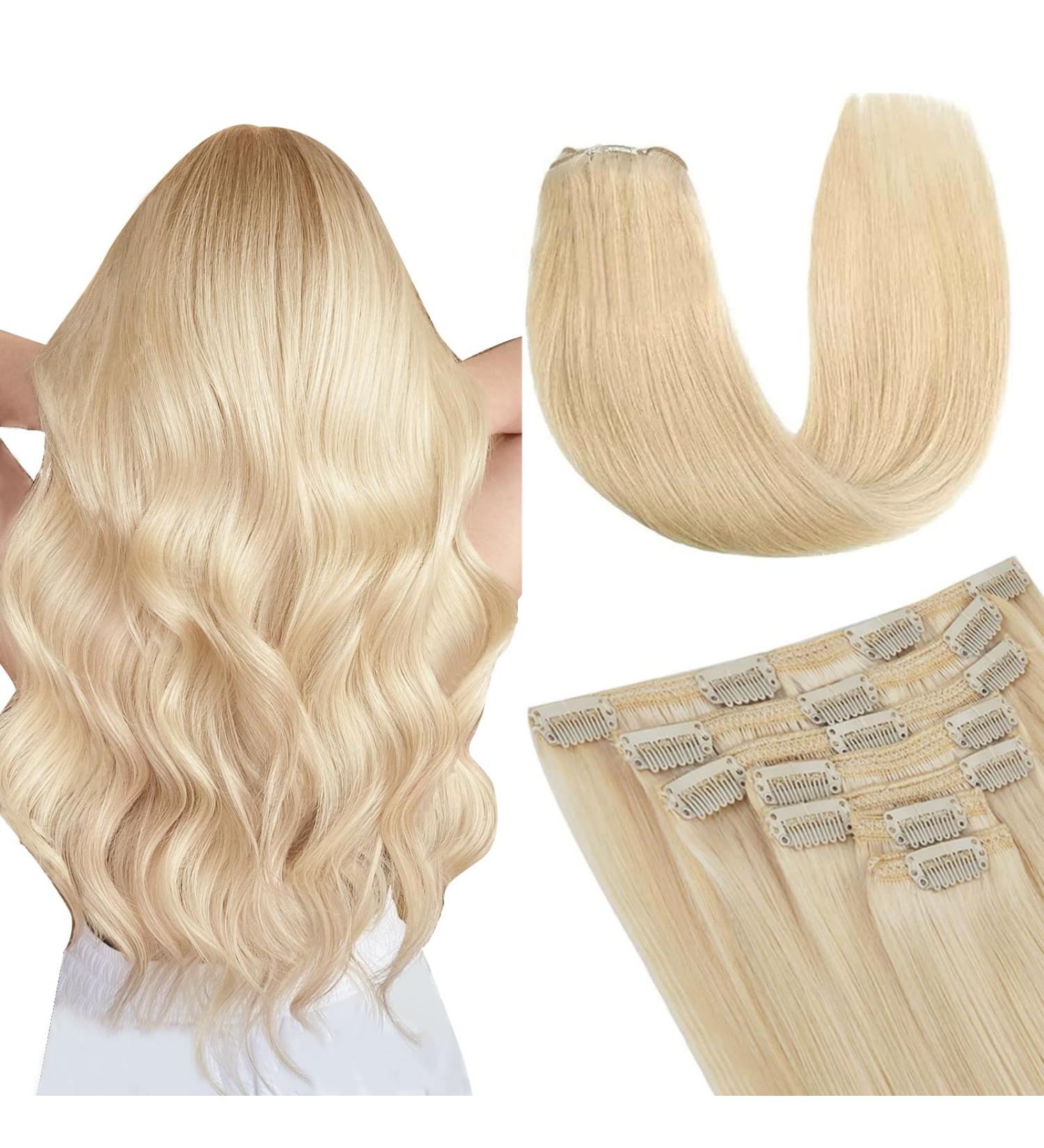 Vlasy Clip in Human Hair Extensions 16 Light Blonde - 7 Pieces Seamless Thick Weft Real Hair Extensions for Women - 80g - Buy Online on GoSupps.com