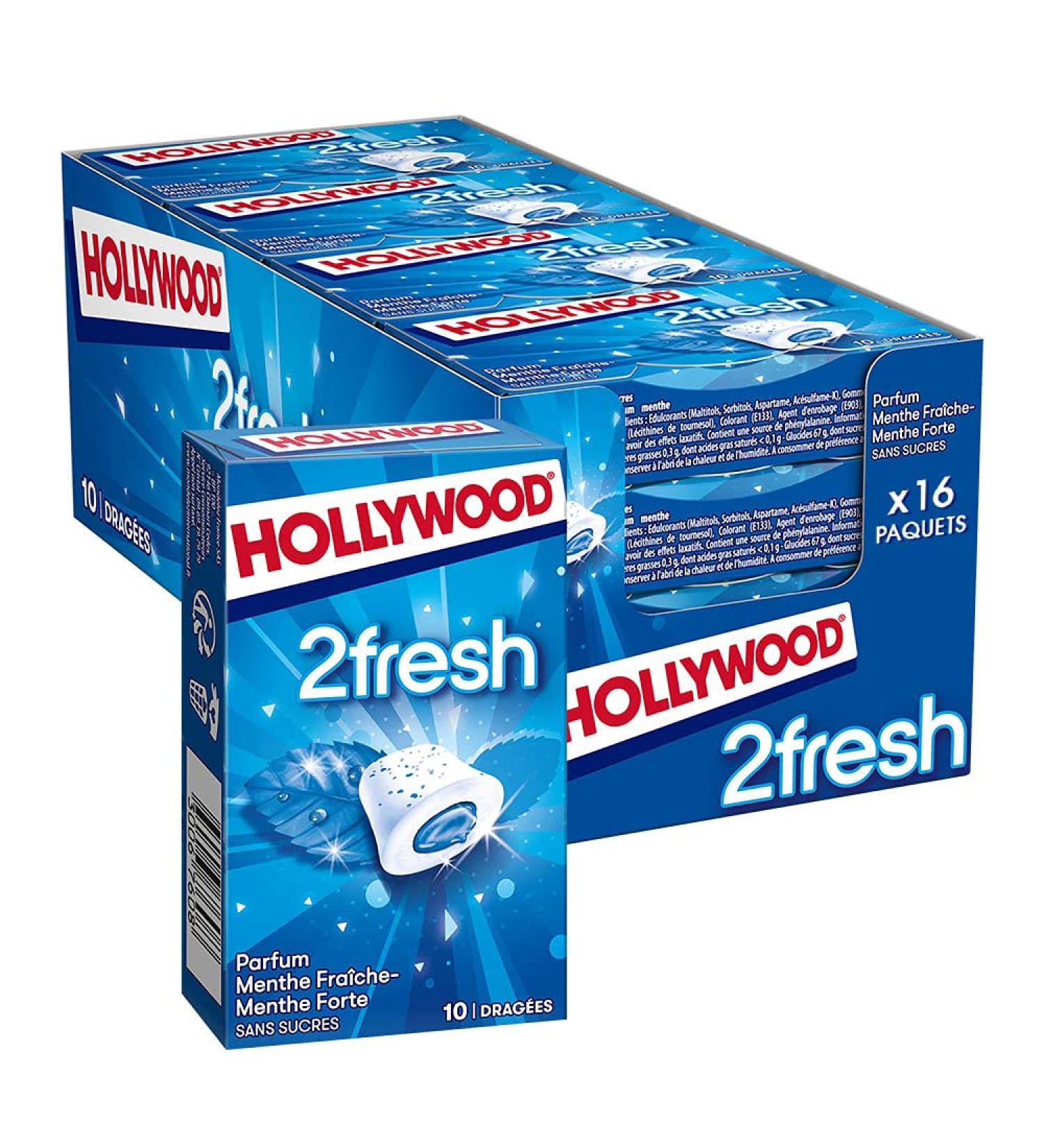 Hollywood Chewing Gum 2 Fresh - Strong Mint Fragrance - Sugar Free with Sweeteners - Pack of 16 Packs of 10 Dragees - 22g - Buy Online on GoSupps.com