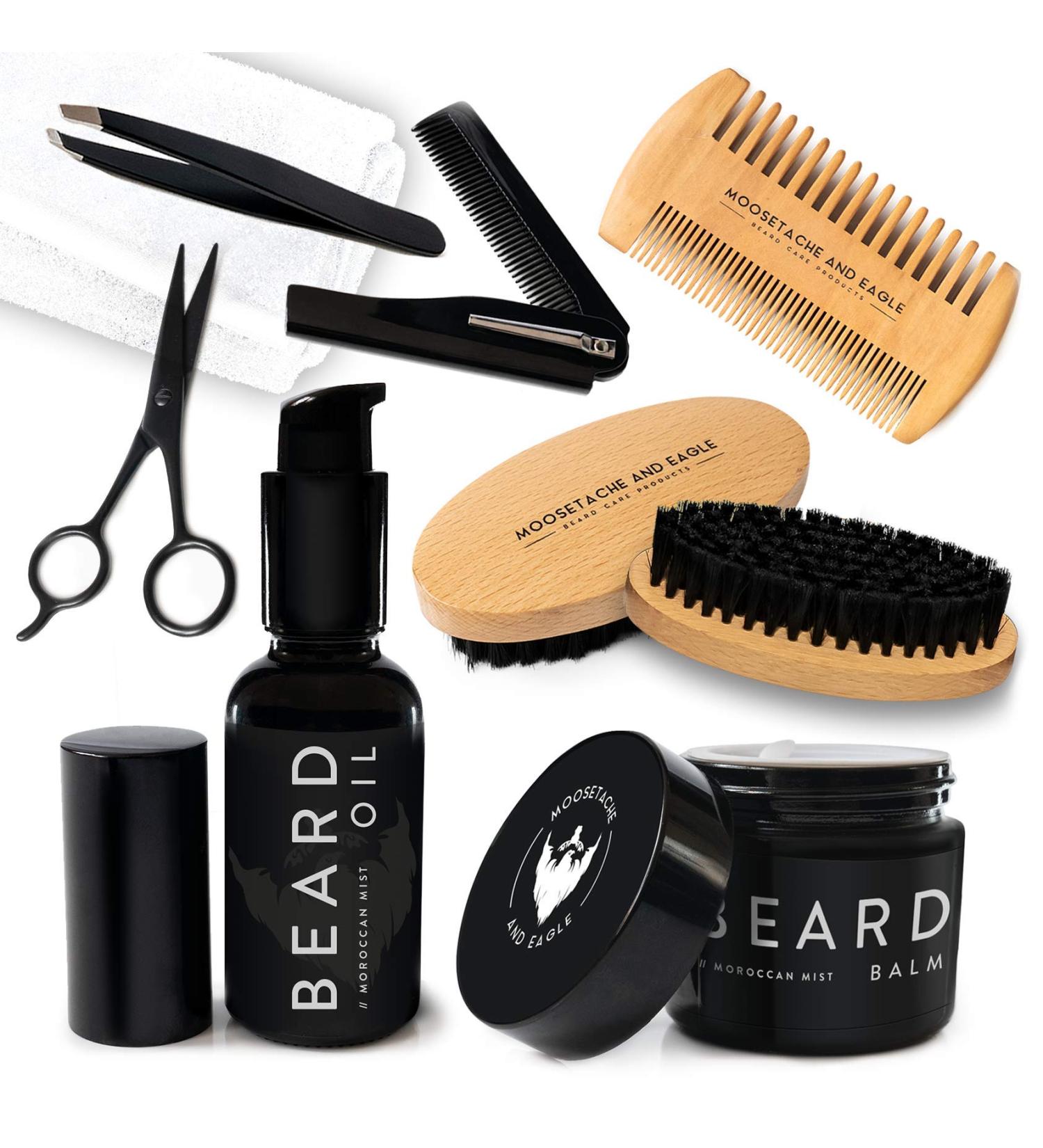 Moosetache And Eagle 8 in 1 Men's Beard Grooming Kit - Vegan & Alcohol-Free Luxury Set with Beard Oil, Balm, Brush, Comb, Scissors, Tweezers & Towel - Buy Online on GoSupps.com