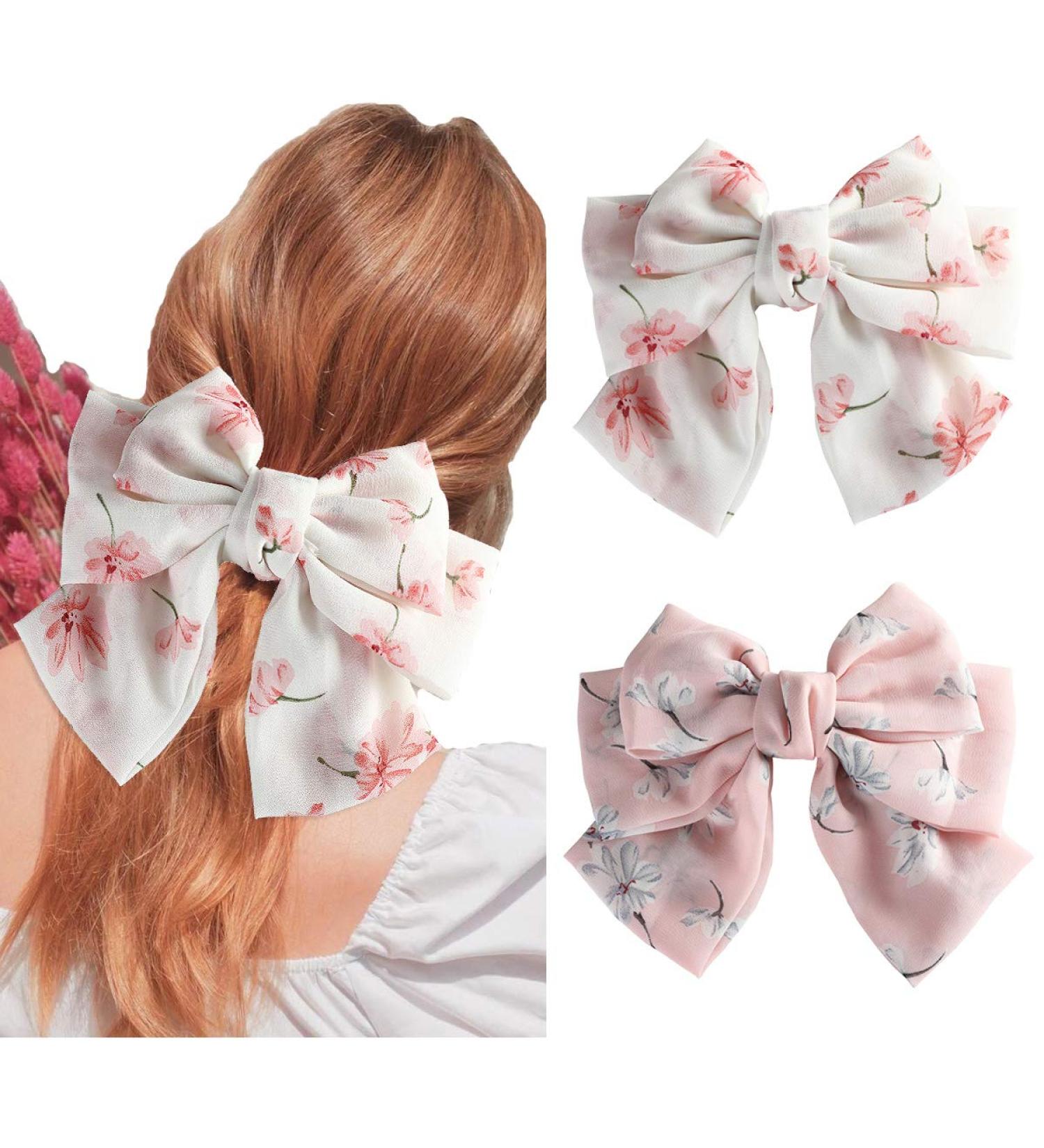 AWAYTR Chiffon Bow Barrettes Hair Clips - 2 Pack Flower Elastic Hair Bows for Wedding Party - White and Pink - Buy Online on GoSupps.com