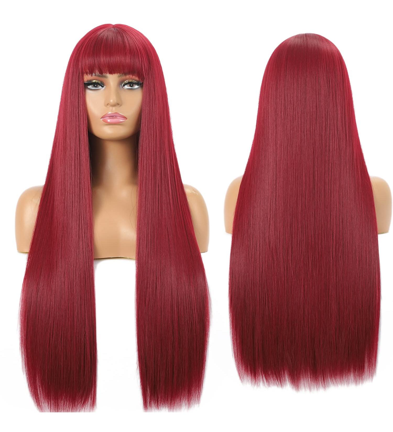 Seelaugh 75 cm Long Red Wig with Ponytail & Fringes Burgundy Synthetic Hair Wigs for Women - Buy Online on GoSupps.com