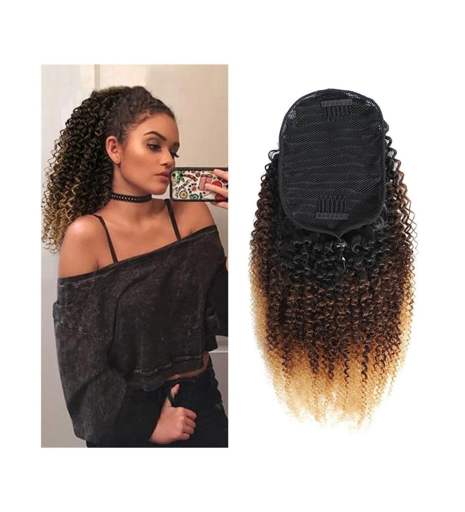 Ponytail Extensions 10-20" Drawstring Ponytail Extensions Kinky Curly Ponytail Hairpiece Ombre Human Hair Ponytail Clip In Afro Curly Remy Hair Pony Tail for Women for Women (Size : 18inches) - Buy Online on GoSupps.com