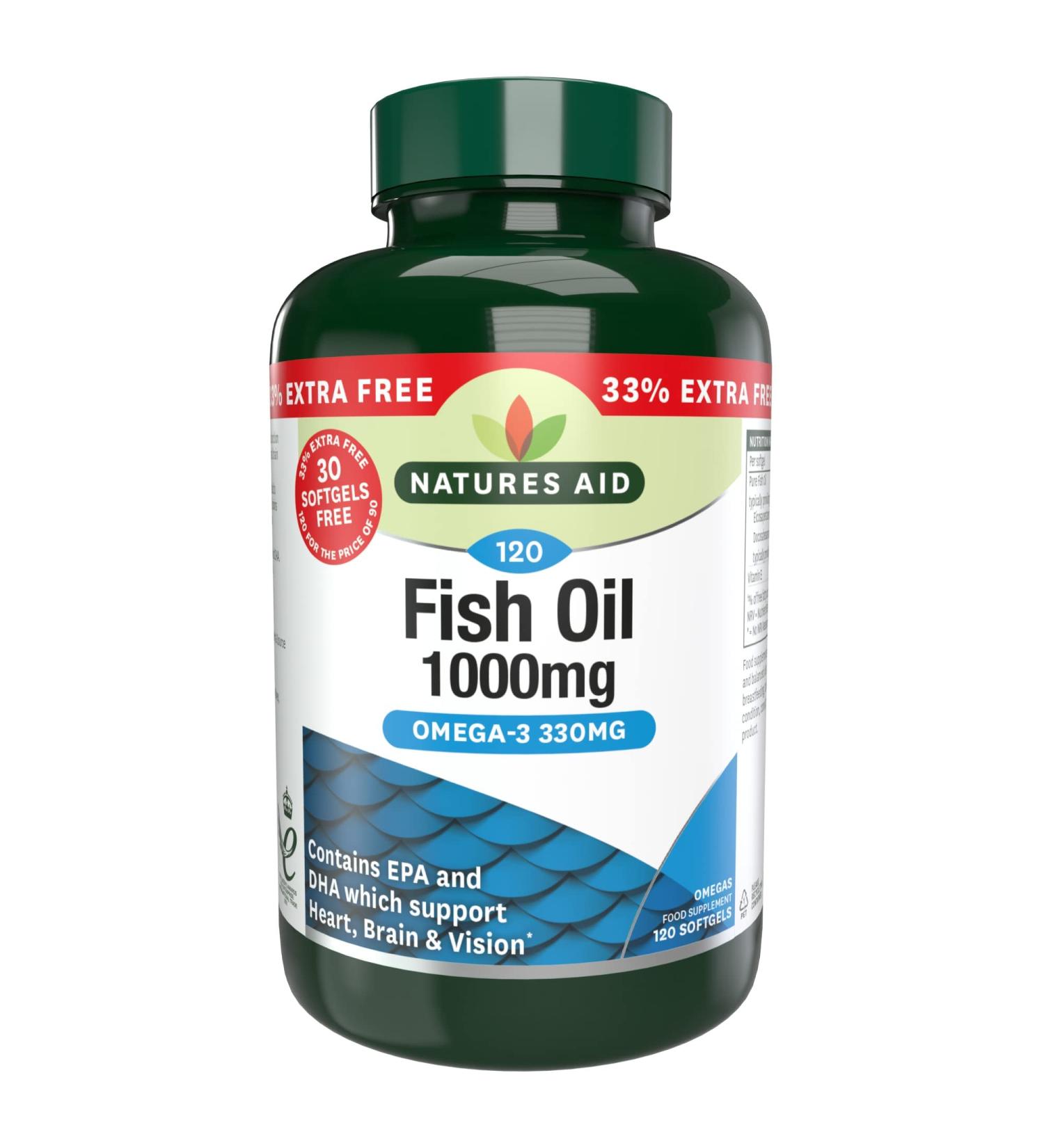 Natures Aid Fish Oil 1000mg | Omega 3 (180mg EPA & 120mg DHA) | 120 Softgels | Made in the UK | 120 Count (Pack of 1) - Buy Online on GoSupps.com
