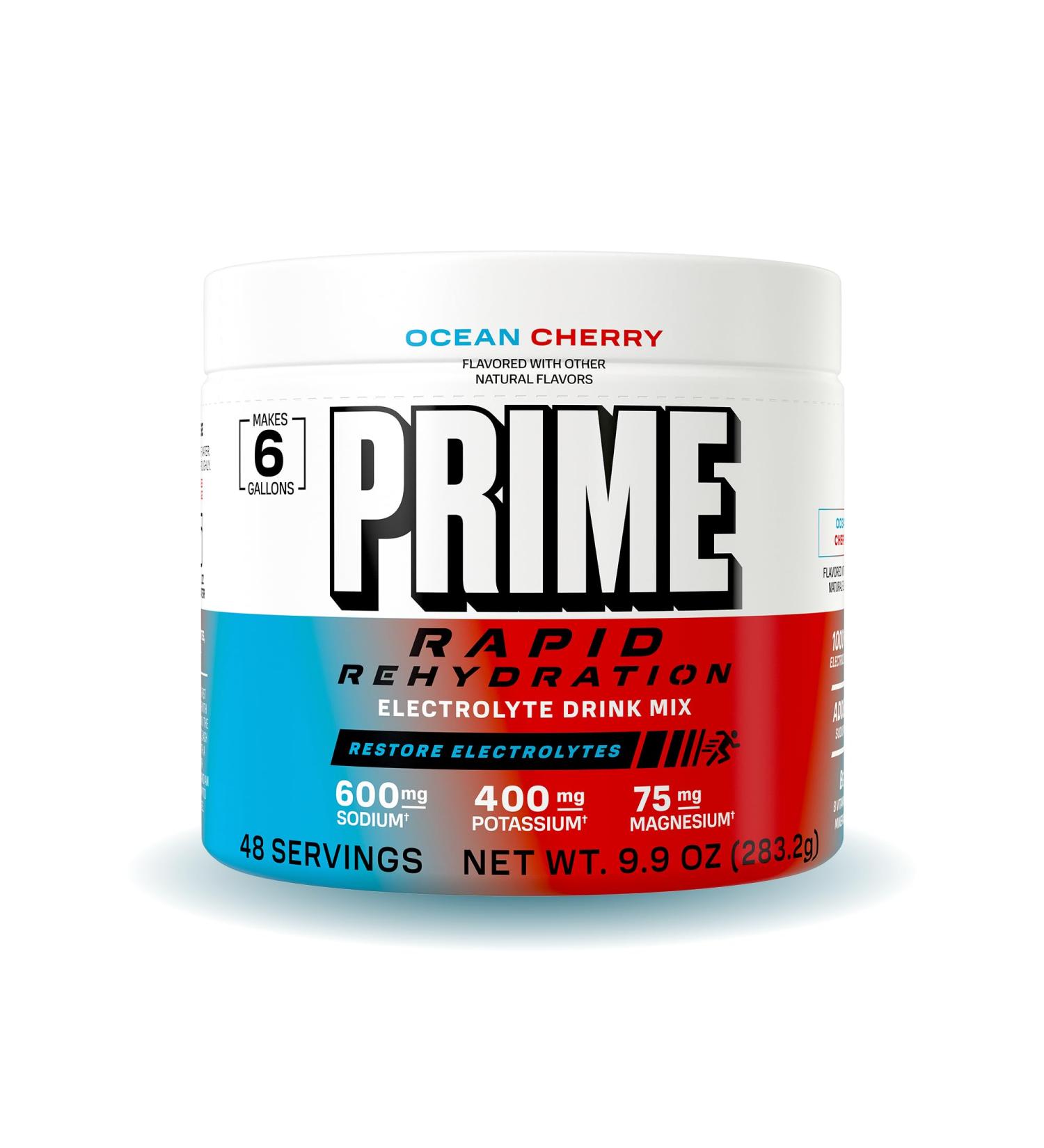 Prime Rapid Rehydration Electrolyte Powder Ocean Cherry Sugar Free Hydration Drink Mix with Sodium Potassium Magnesium & B Vitamins to Replenish Fluids Caffeine Free 6 Gallon Tub 48 SRV - Buy Online on GoSupps.com