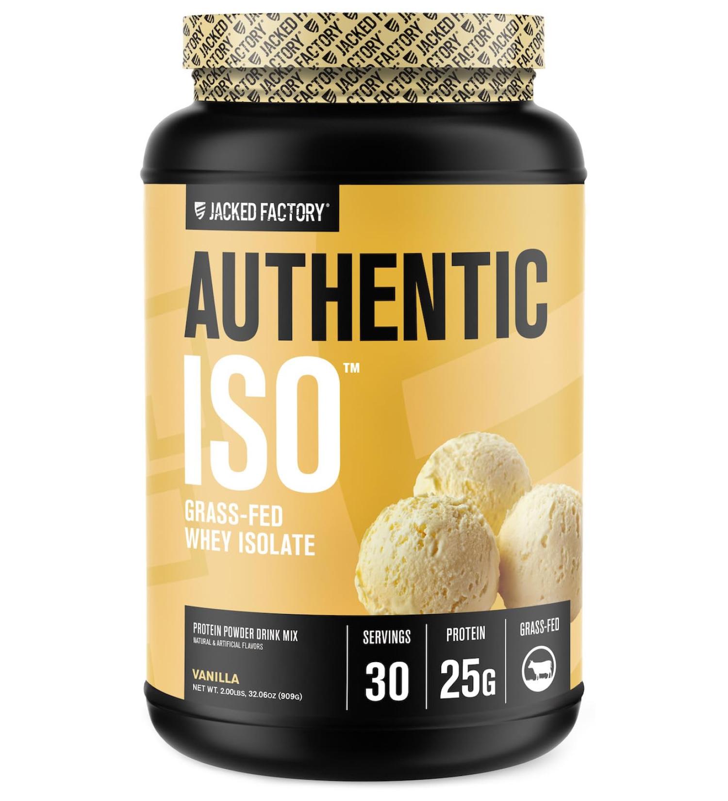 Jacked Factory Authentic ISO Grass Fed Whey Protein Isolate Powder - Low Carb Non-GMO Muscle Building Protein w/No Fillers Post Workout Recovery Vanilla - Buy Online on GoSupps.com