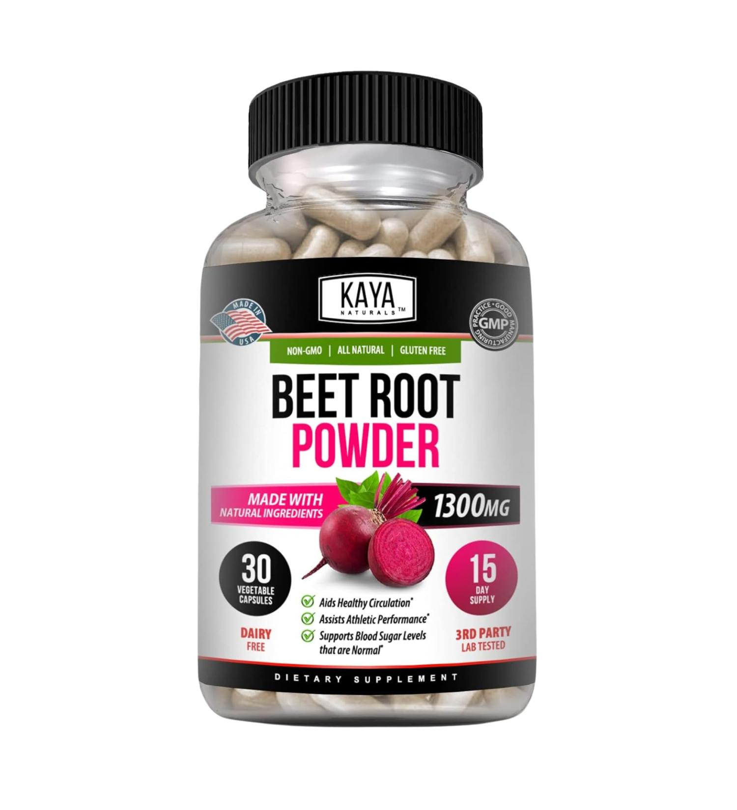 Kaya Naturals Premium Organic Beet Root Powder - Beet Root Extract Non-GMO & Gluten-Free 1300mg Per Serving - 30 Count Veggie Capsules 30 Count (Pack of 1) - Buy Online on GoSupps.com