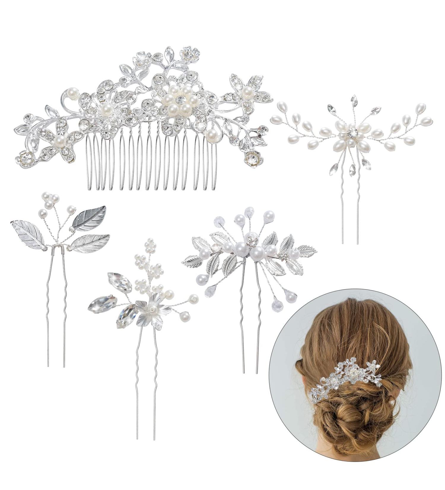 Silver Crystal Pearl Wedding Hair Comb & Pins Set - Bridal Accessories for Bride Bridesmaid Prom - Buy Online on GoSupps.com