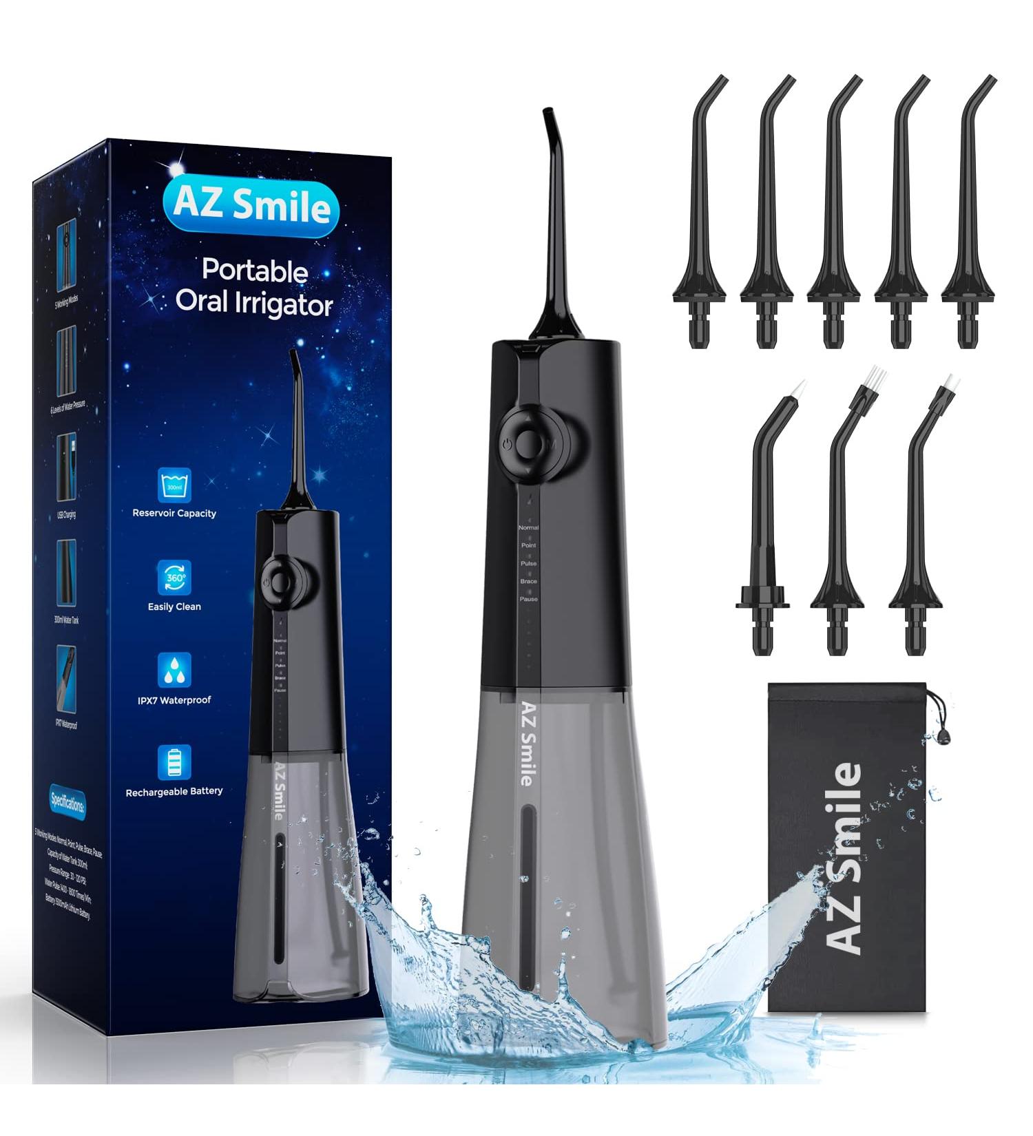AZSmile Portable Pulse Oral Irrigator - 8 Tips Waterproof Dental Flosser Adjustable Water Pressure for Superior Oral Hygiene - Buy Online on GoSupps.com