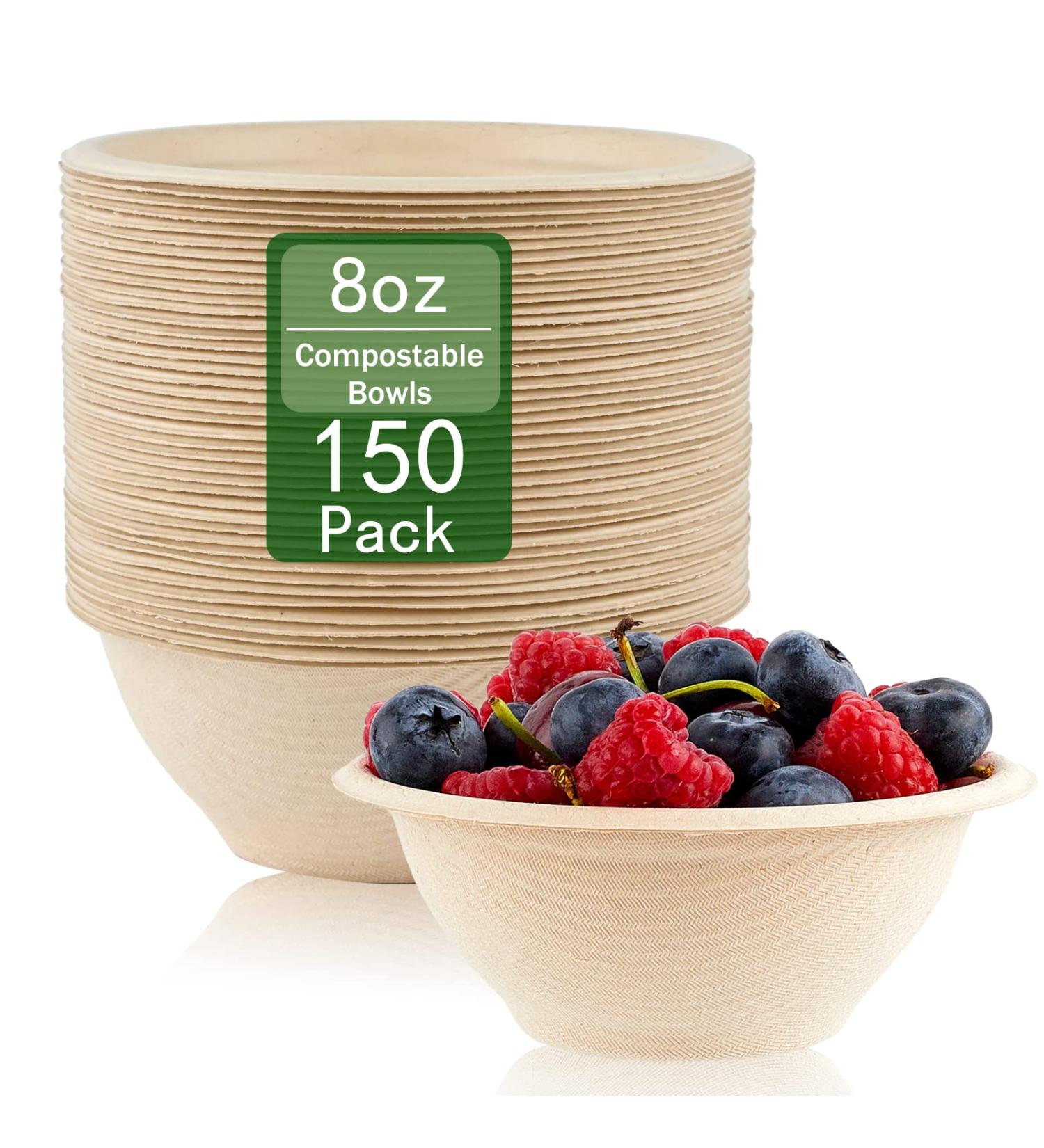 150 Pack 8 oz Compostable Paper Bowls - Biodegradable Sugarcane Bowls for Ice Cream, Desserts, Pet Food - 8oz Disposable Soup Bowls - Buy Online on GoSupps.com