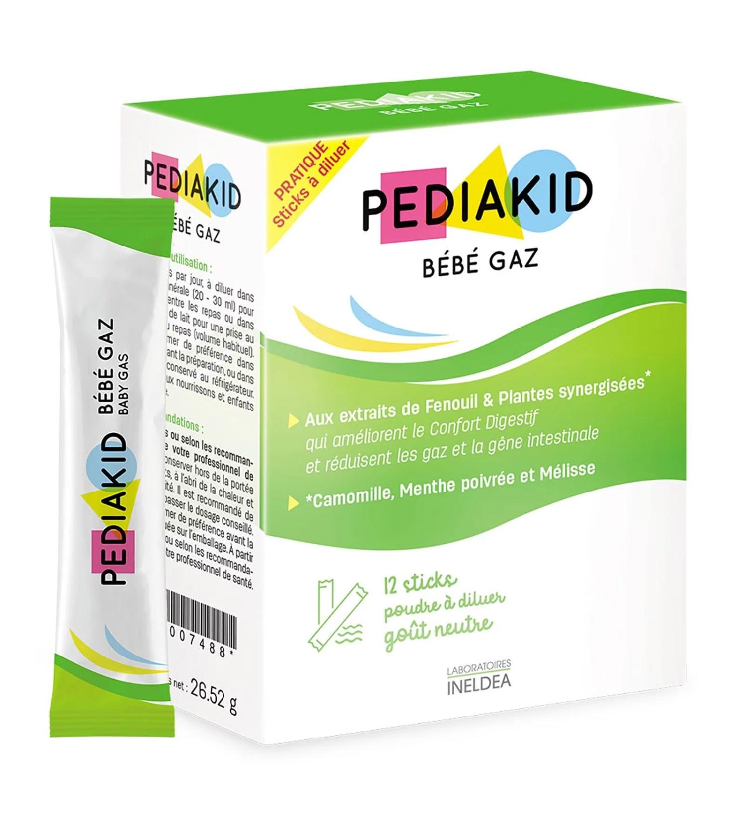 PEDIAKID - Baby Gas - With plant extracts & fibers - Helps reduce gases and improve digestive comfort - From birth - Case of 12 sticks of Dilute Powder - Buy Online on GoSupps.com