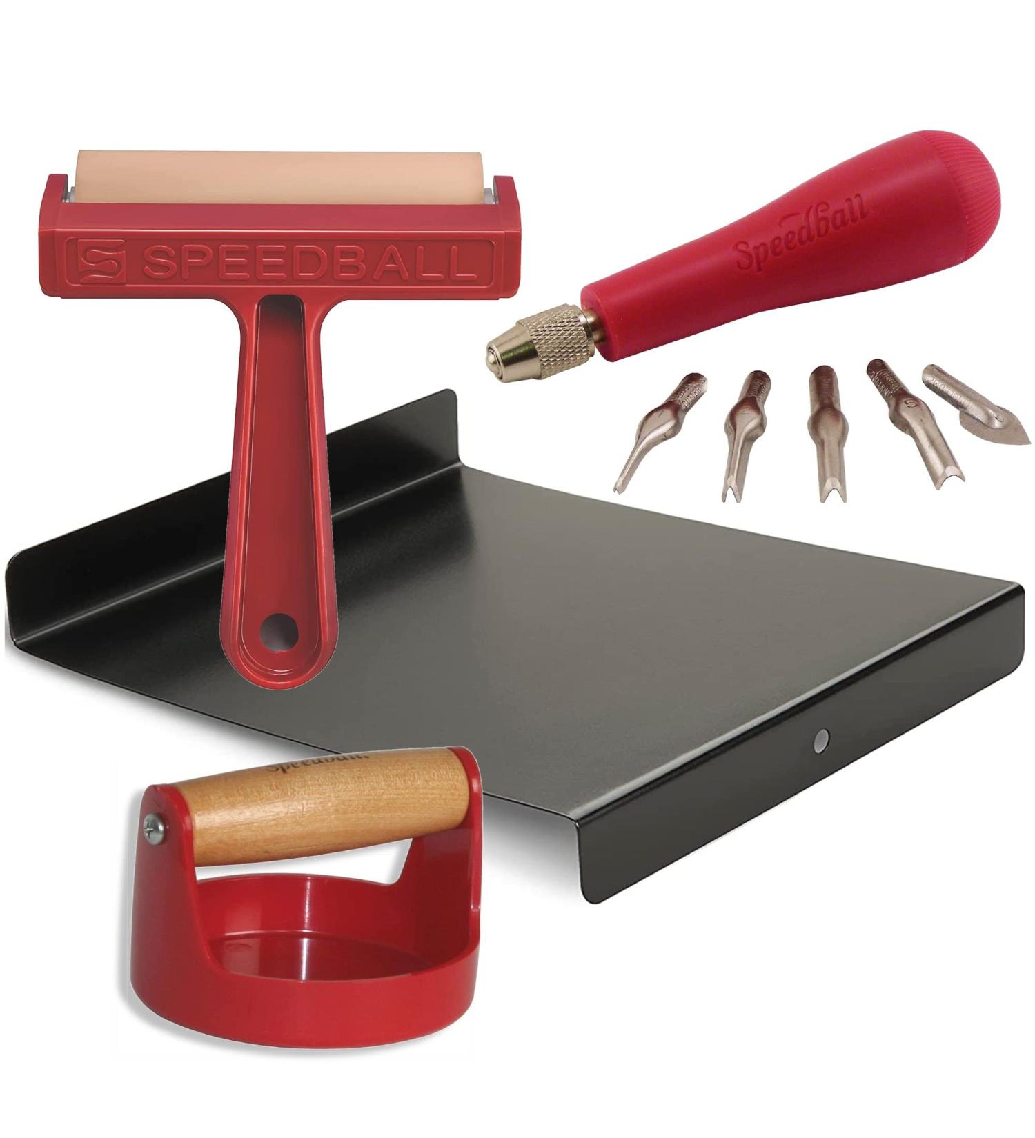 Speedball Block Printing Kit with Bench Hook, Inking Plate, Brayer, Lino Cutters, Carving Tools, and Baren - Buy Online on GoSupps.com