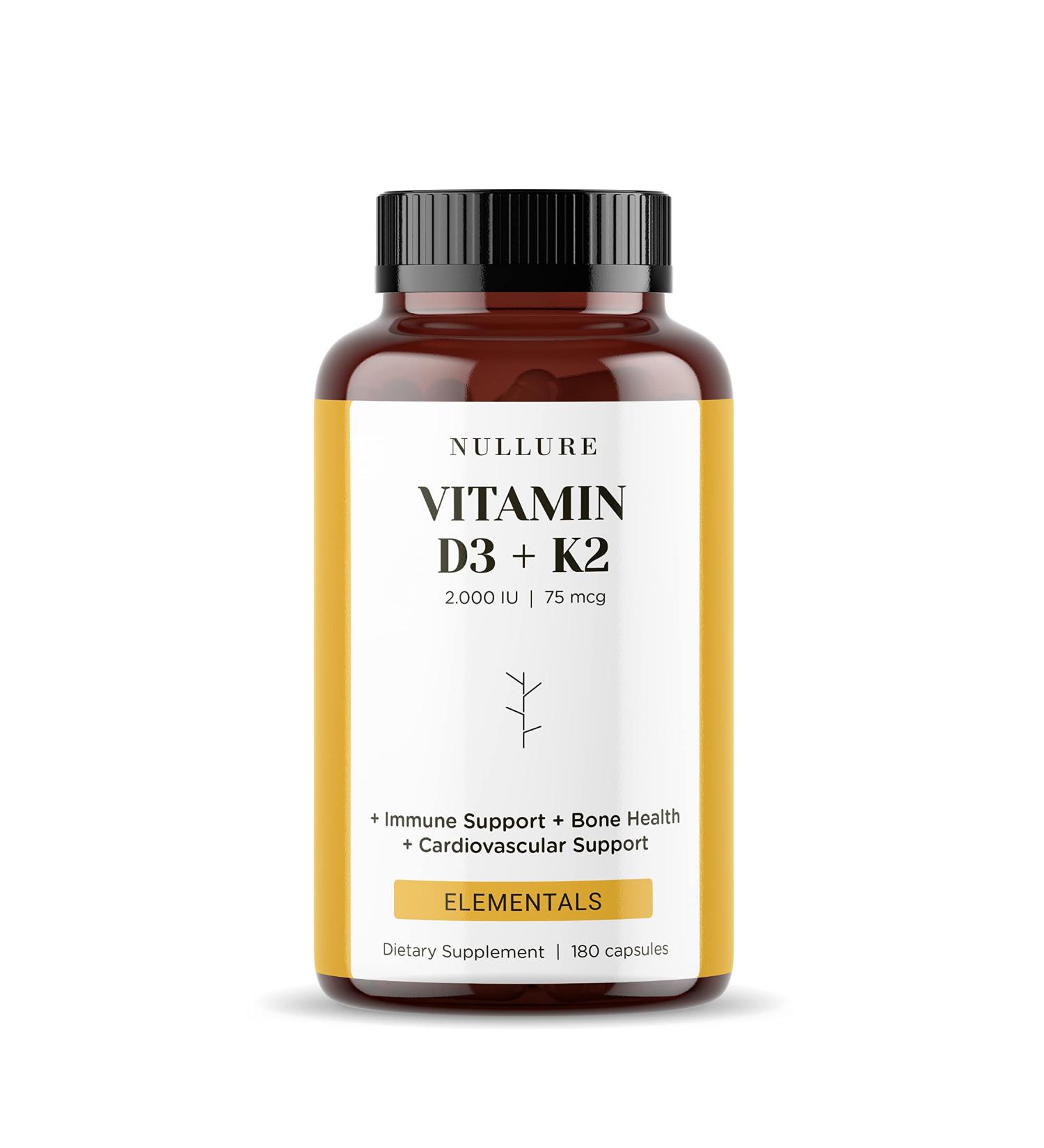 Nullure Vitamin D3 K2 (MK7) Natural | 2000 UI | Balanced Daily Formulation for Easy Assimilation I Immune System Cardiovascular Bone Teeth Muscles |180 Capsules (6 Months) - Buy Online on GoSupps.com
