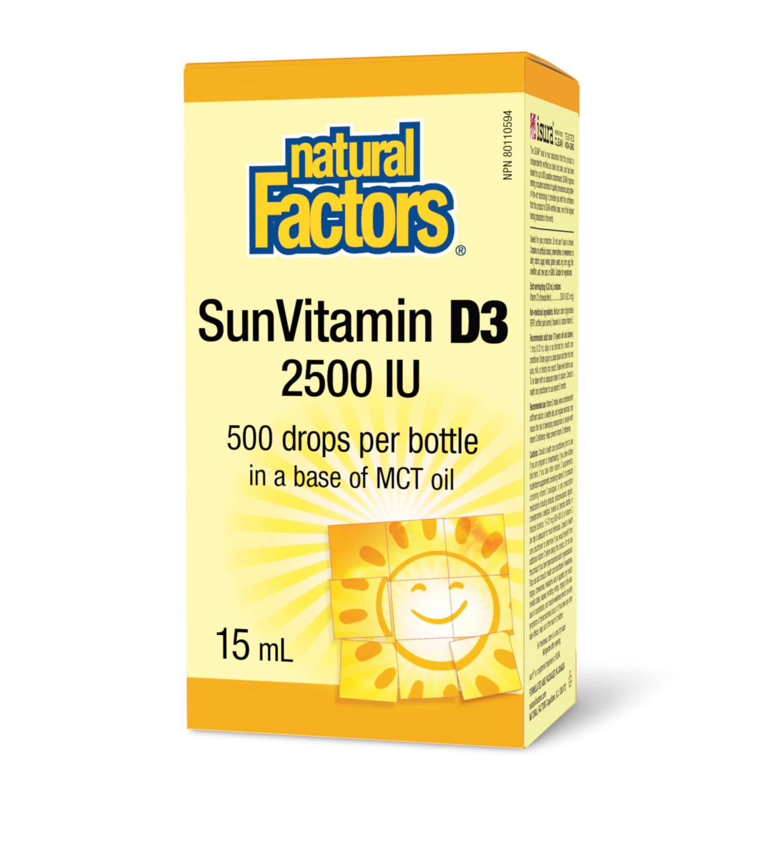 Natural Factors SunVitamin D3 Drops 2500 IU 15ml 500 Drops per bottle MCT Oil Base Essential for Immune Function and Overall Health - Buy Online on GoSupps.com
