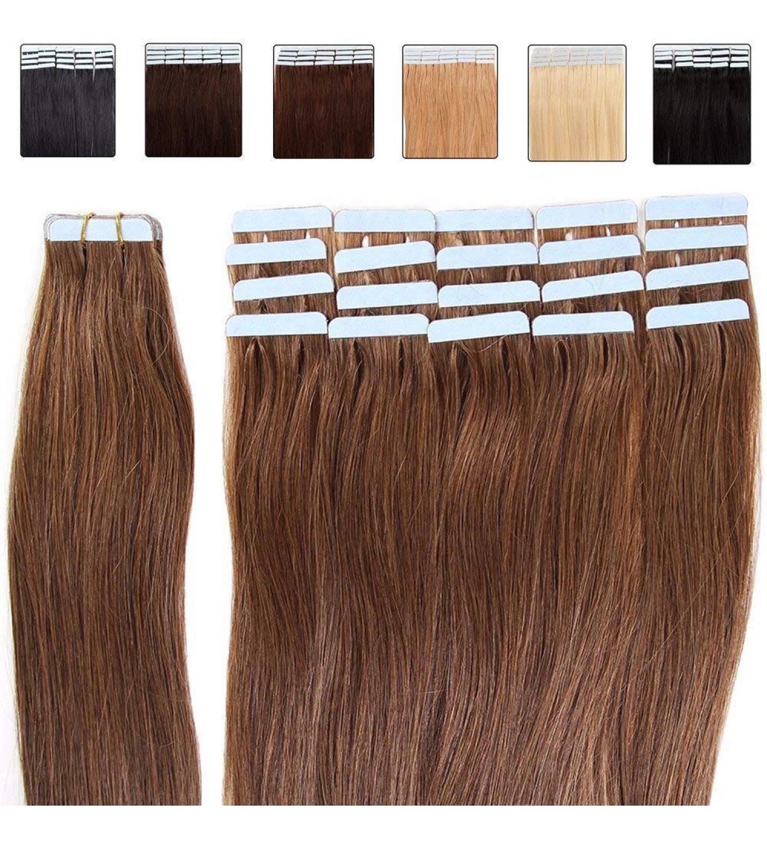 18" Tape in Hair Extensions 100% Real Human Hair Skin Weft Remy Hair Extensions 20 pieces 50g Natural Straight 06# Light Brown - Buy Online on GoSupps.com