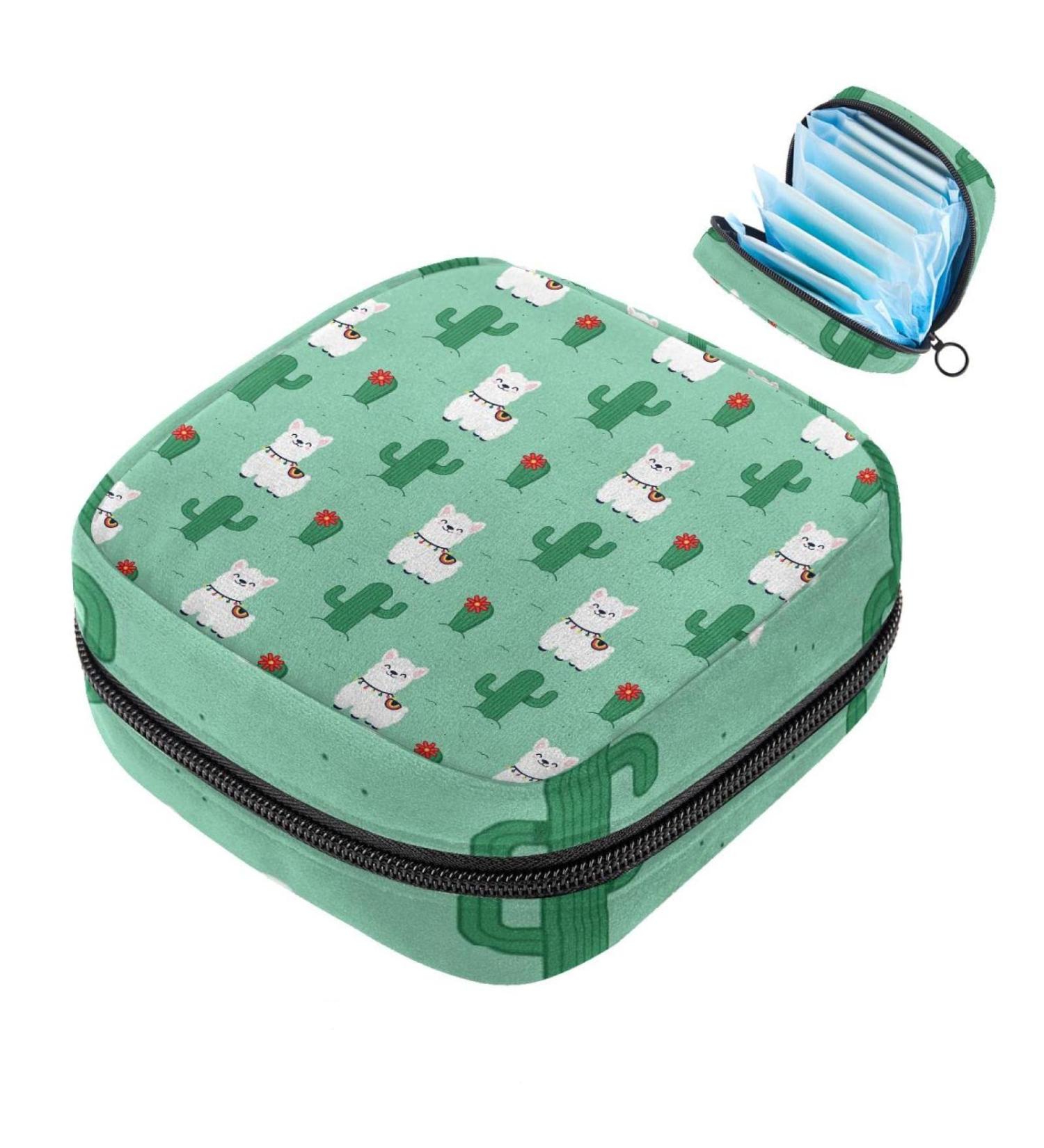 Menstruation Pad Bag with Zipper | Women's Napkin & Tampon Collection Bag | Stylish Alpaca Lama & White Cactus Green Design - Buy Online on GoSupps.com