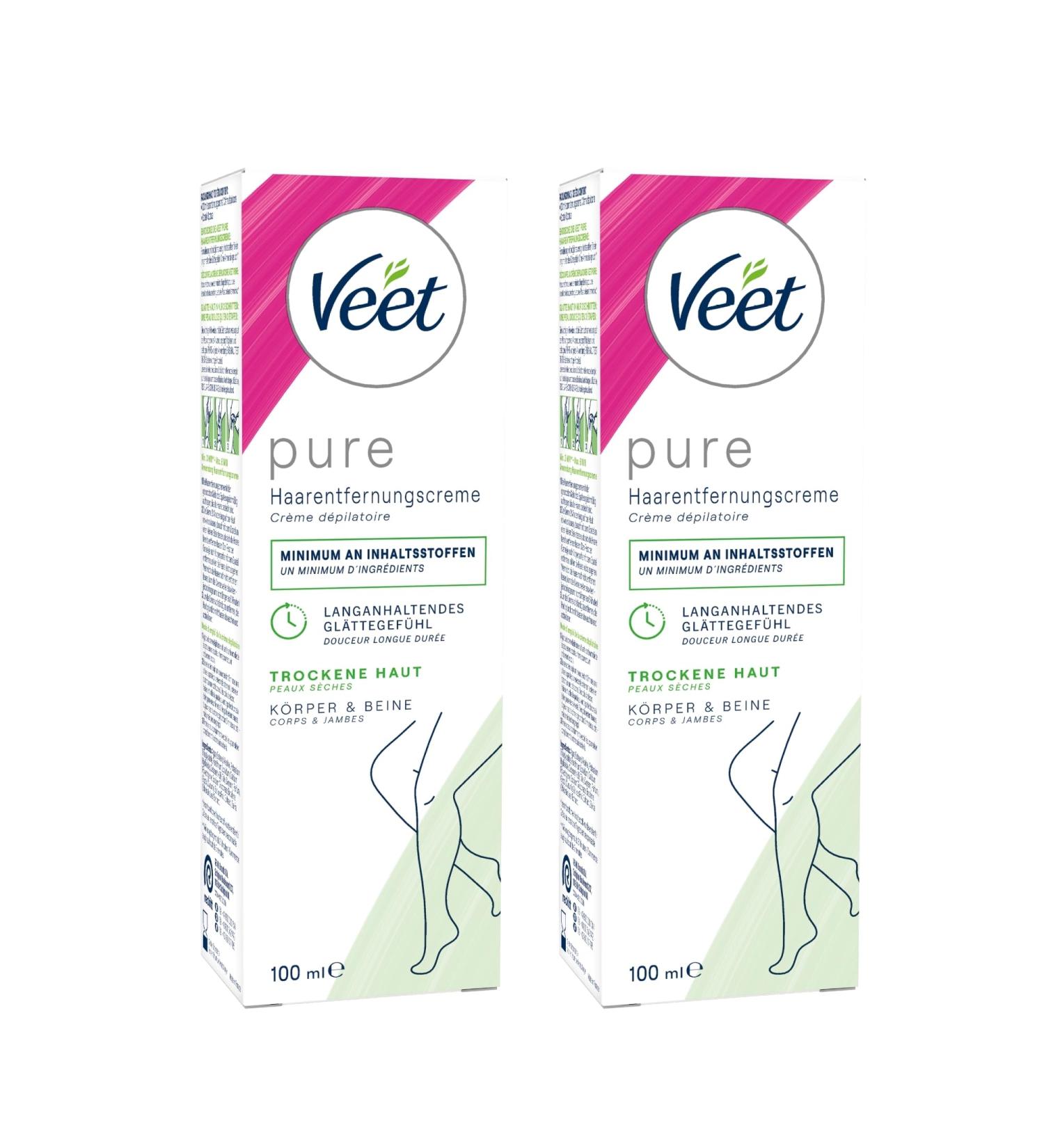 Veet Pure Lot de 2 cr mes d pilatoires pour le corps les bras et les jambes cr me d pilatoire pour peaux s ches minimum d'ingr dients et parfum agr able 2 x 100 ml - Buy Online on GoSupps.com