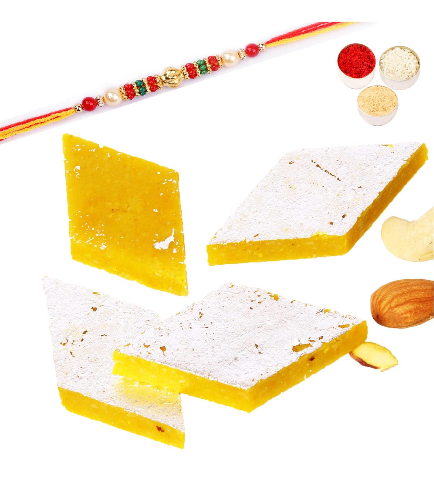 Ghasitaram Gifts Rakhi Gifts for Brothers Rakhi Sweets - Pure KESARI KAJU KATLI (800 GMS) with Beads Rakhi - Buy Online on GoSupps.com