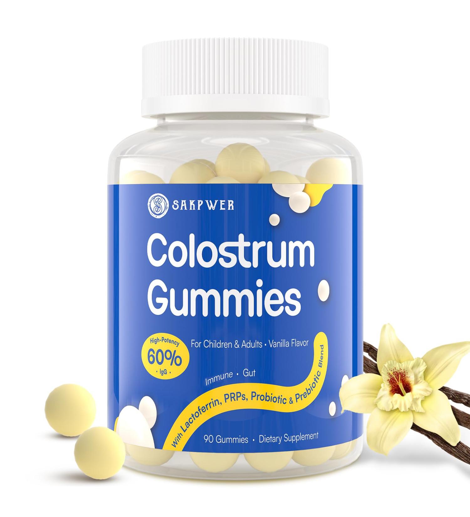 Bovine Colostrum Supplement Gummies - with 60% Highest IgG, Lactoferrin, Probiotics and Prebiotics for Adults and Kids, Vanilla Flavor & Sugar Free, 90 Gummies 90 Count (Pack of 1) - Buy Online on GoSupps.com