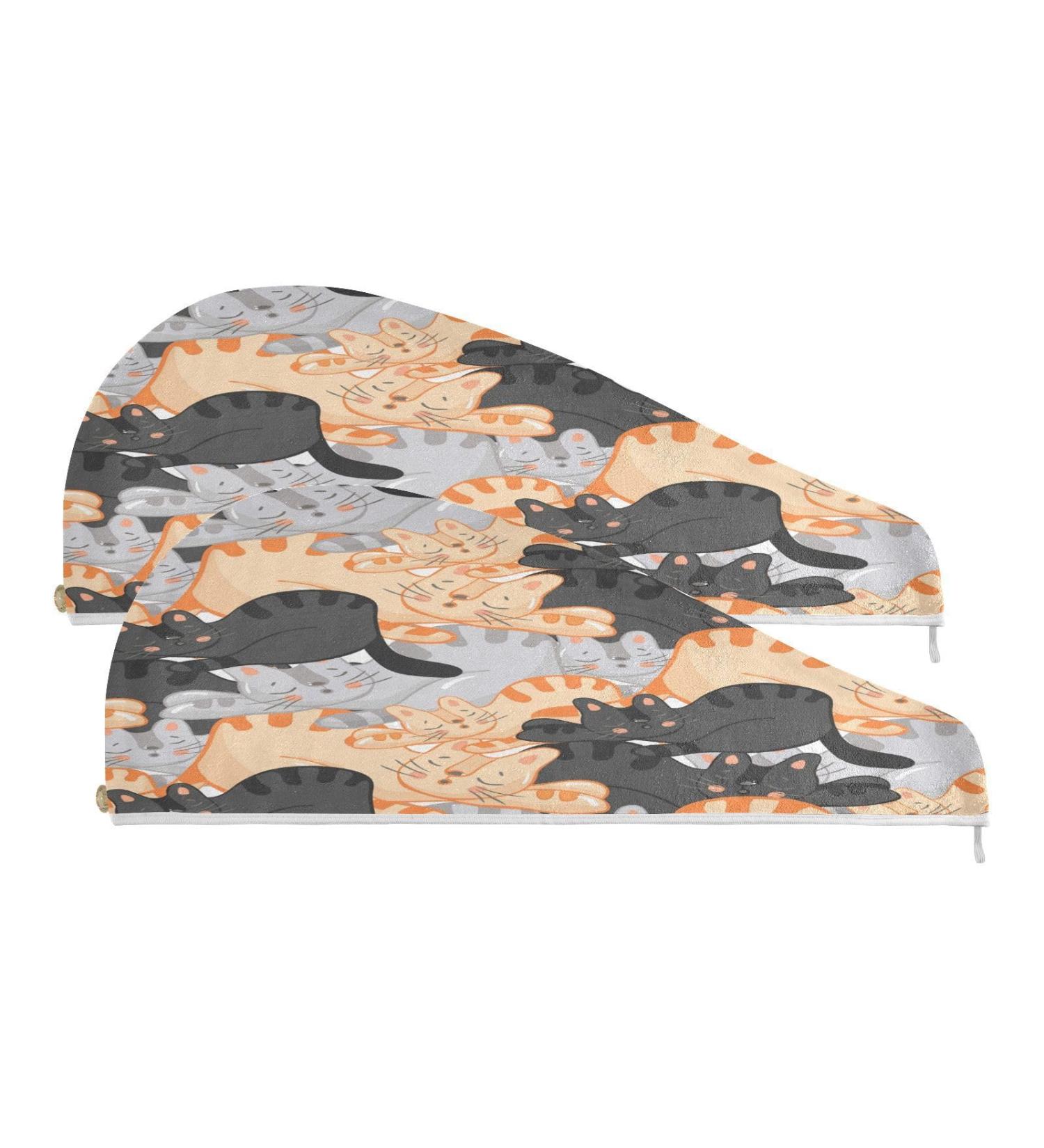 Sleeping Cat Dry Hair Cap Set - 2 Quick Dry Towels & Button Headband | Super Absorbent Soft & Comfortable | International Shipping Available - Buy Online on GoSupps.com