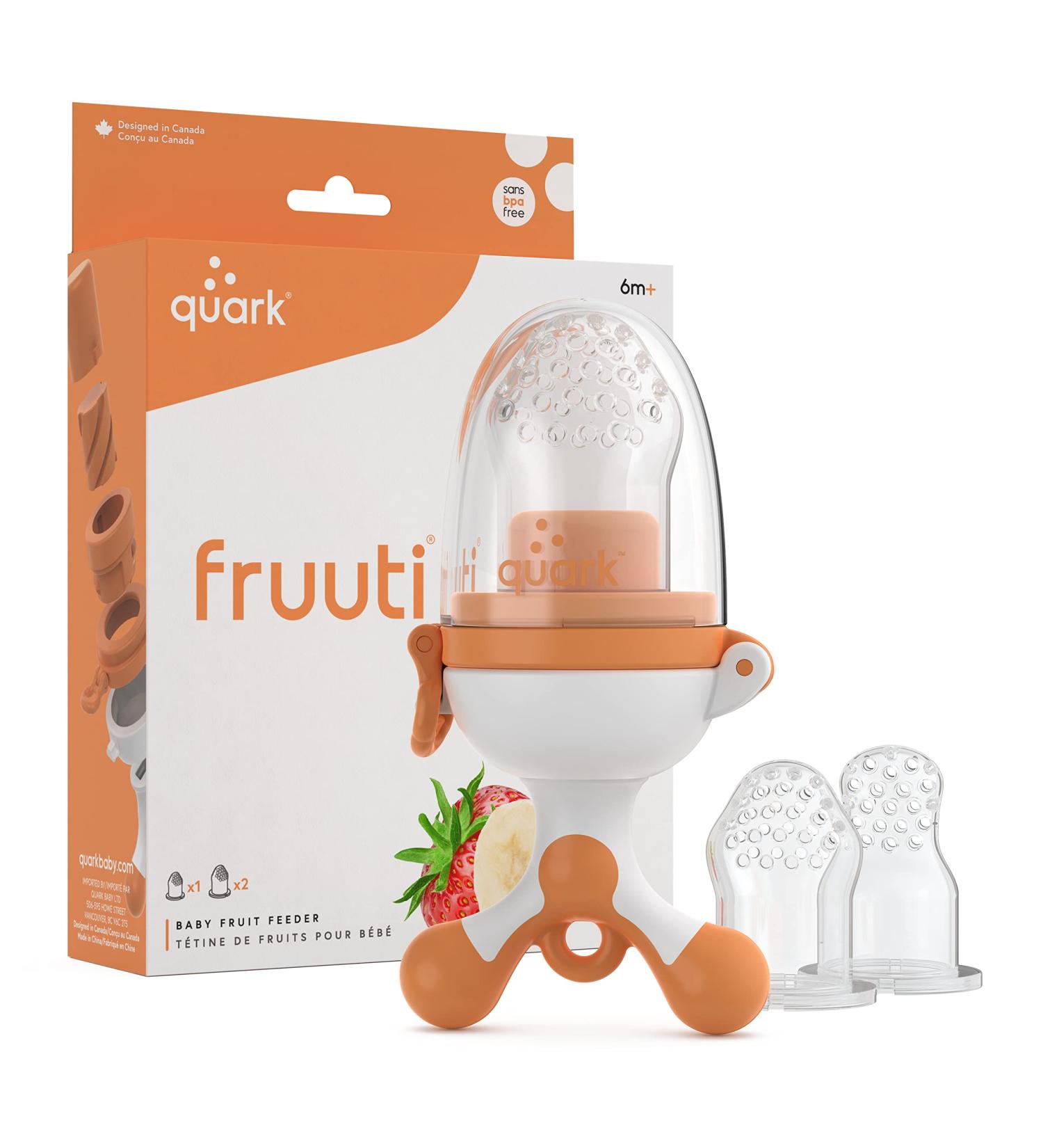 Fruuti Baby Fruit Feeder Pacifier by Quark - Silicone Baby Food Feeder - 3 Tip Sizes Grow with Baby - Easy for Little Hands to Hold - Secure Latch & Clip Ring - BPA BPS PVC Phthalate & Lead Free - Buy Online on GoSupps.com