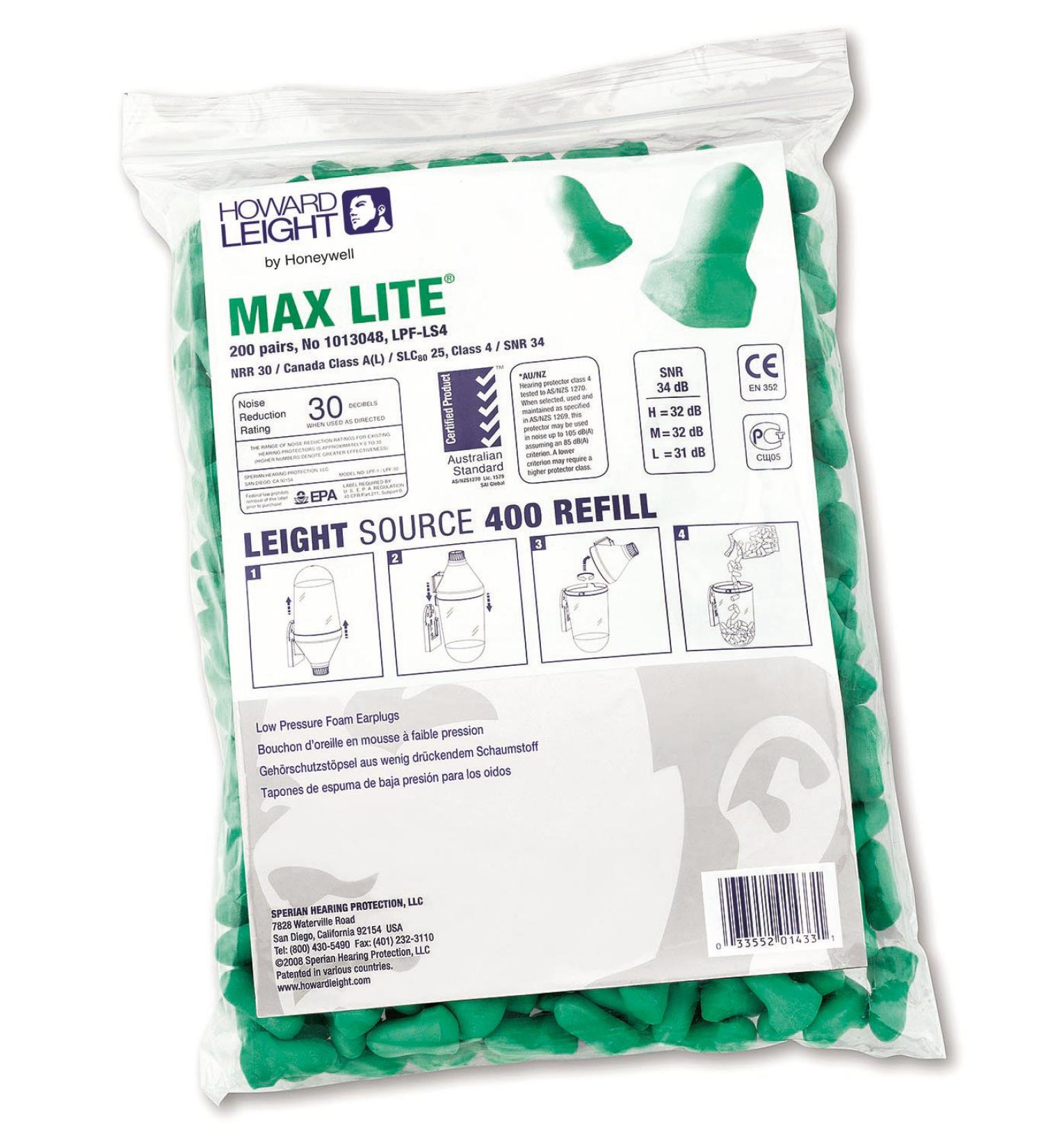 Honeywell 1013048 Howard Leight Max Lite Disposable Foam Earplugs SNR 34 200 Pairs
