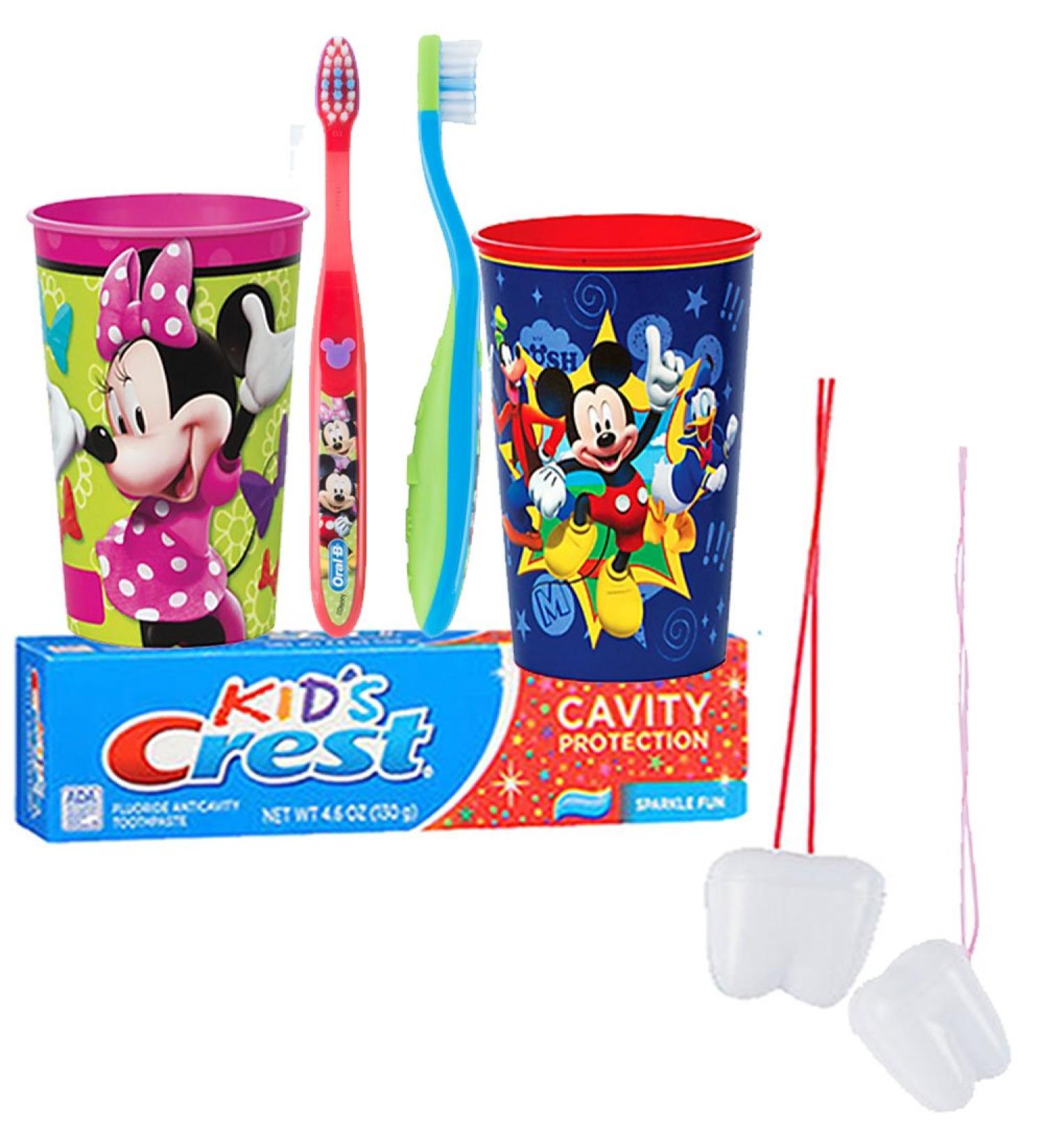 Mickey Mouse & Minnie Mouse Inspired 5pc. Bright Smile Oral Hygiene Set! Soft Manual Toothbrush, Crest Kids Sparkle Toothpaste & Mouthwash Rise Cup! Plus Bonus "Remember to Brush" Visual Aid!