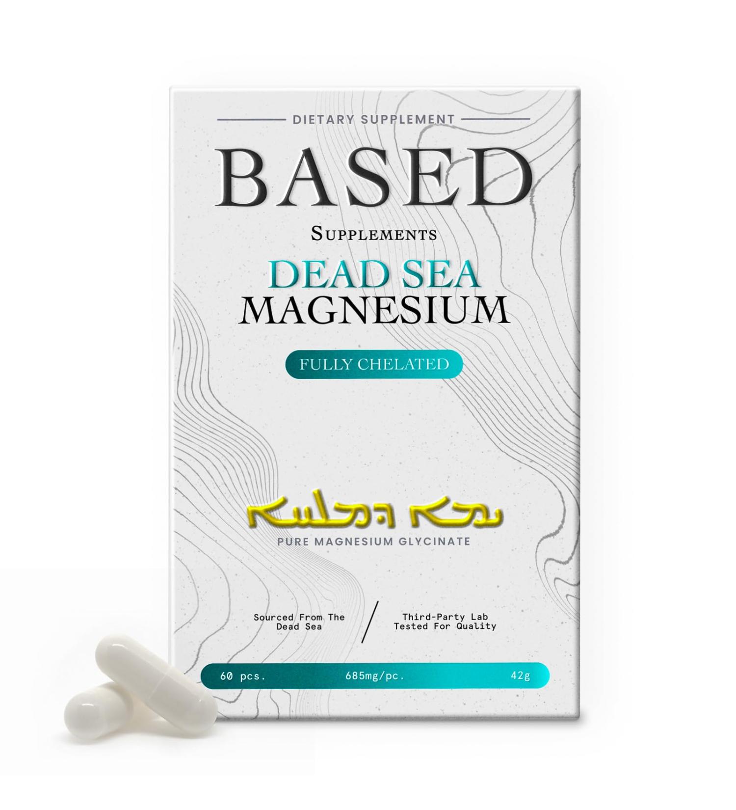 Based Dead Sea Magnesium | Pure Magnesium Glycinate | Support Stress Relief Sleep Heart Health Nerves Muscles and Metabolism | 60 Capsules - Buy Online on GoSupps.com