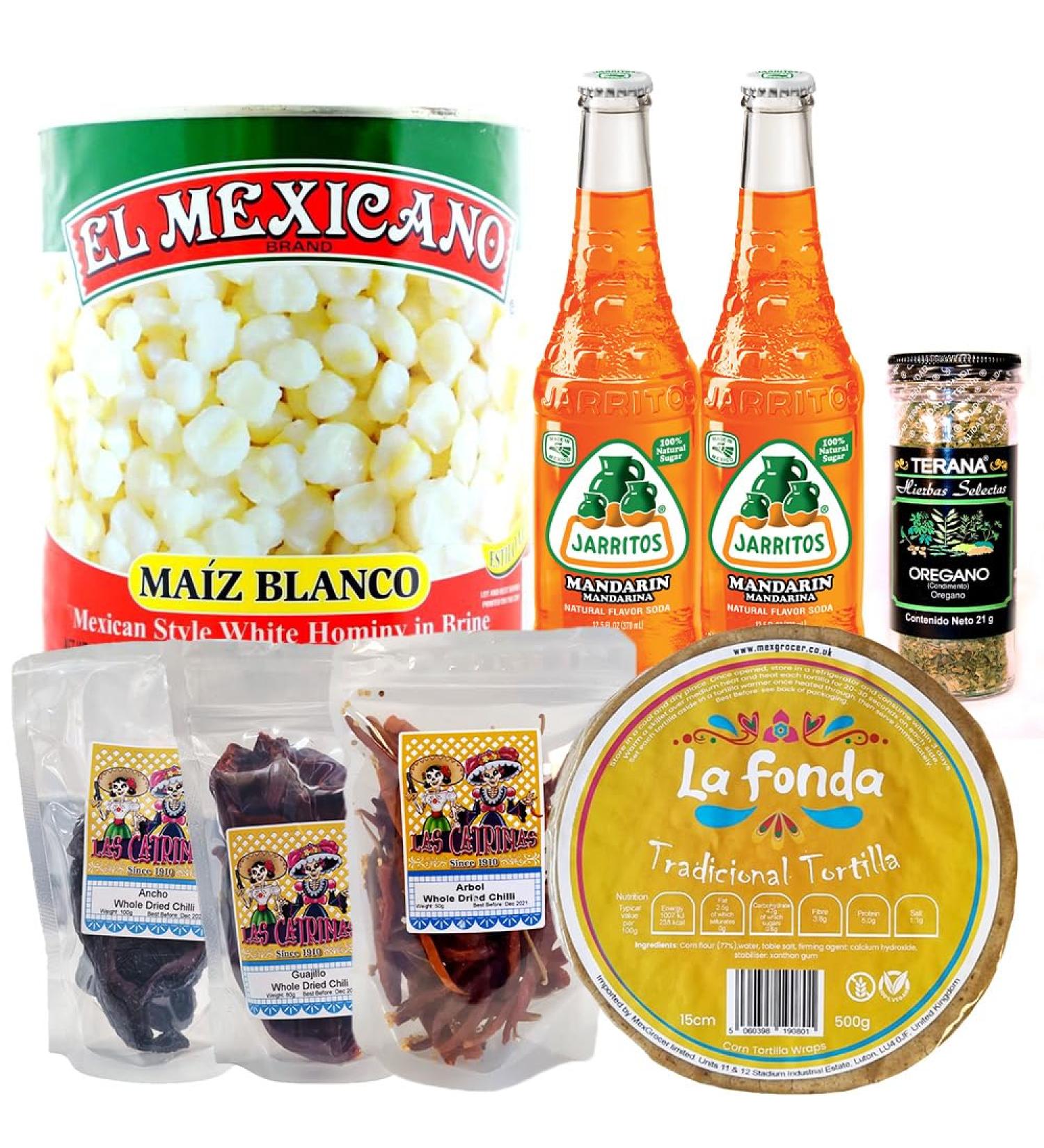 Pozole Kit/Authentic Mexican Food Meal Kit Canned Hominy Dried Chillies Tortilla Wraps Mexican Oregano & Jarritos Soda - Buy Online on GoSupps.com