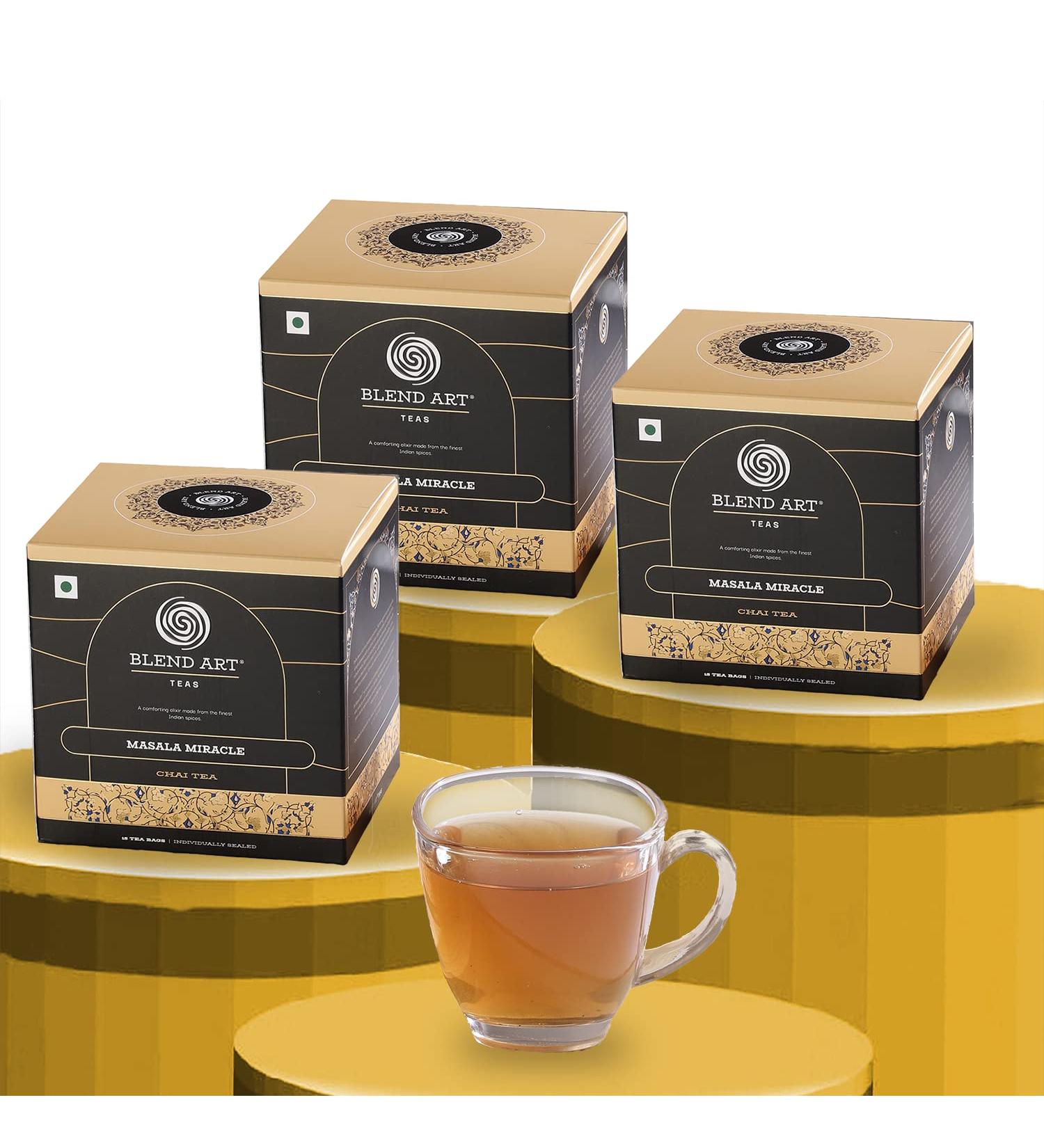 Blendart Masala Chai Tea Bags | Masala Miracle Assam Chai Tea Bags | Combo Pack of 3 | 15 Tea Bags Each Masala Chai 45 Tea Bags - Buy Online on GoSupps.com
