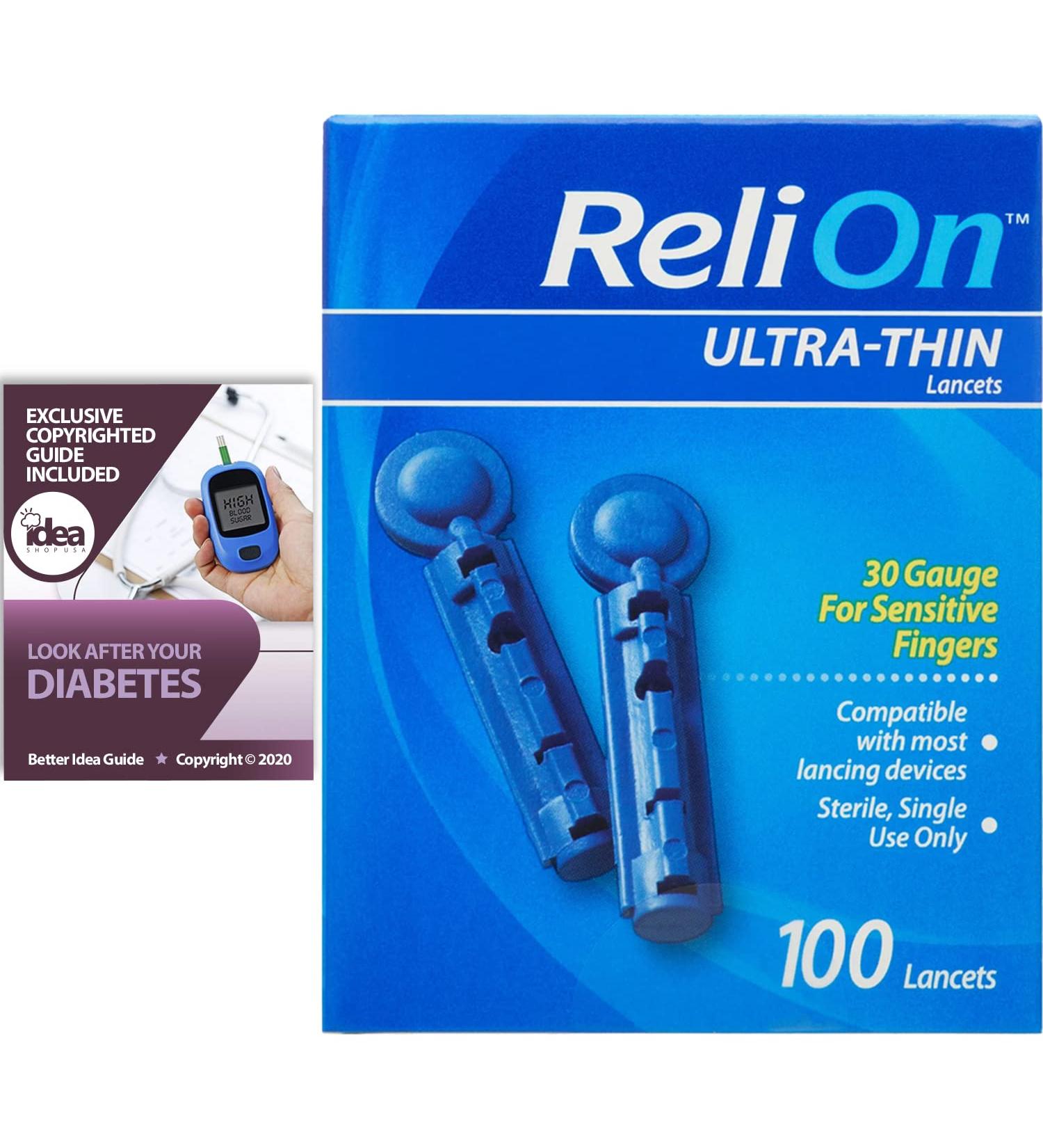 ReliOn Ultra-Thin Lancets 30-Gauge 100 Ct Bundle + Diabetes Care Guide - 2 Item Pack - Buy Online on GoSupps.com