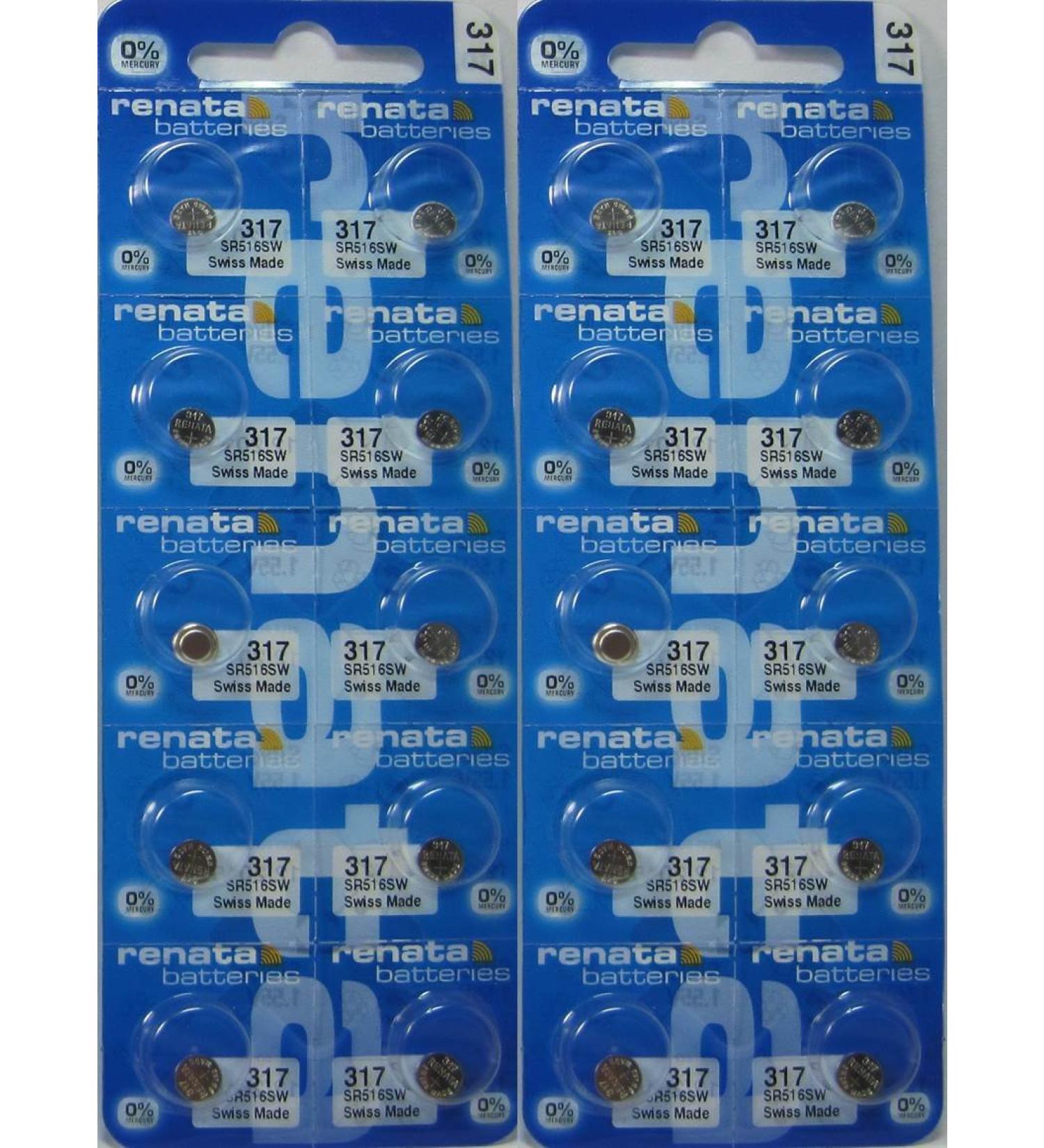 Renata 317 SR516SW Batteries - 1.55V Silver Oxide 317 Watch Battery (20 Count)