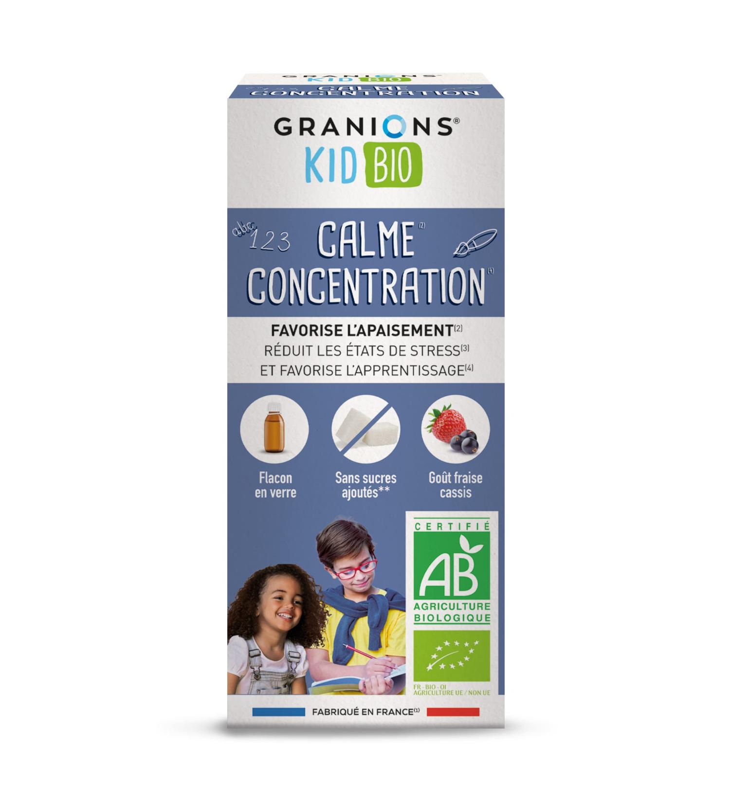 GRANIONS Organic Quiet Concentration Kid Certified Triple Action: Soothes Stress + Promotes Learning Lemon Balm + Poppy Strawberry and Blackcurrant Flavor 125 ml French Brand - Buy Online on GoSupps.com