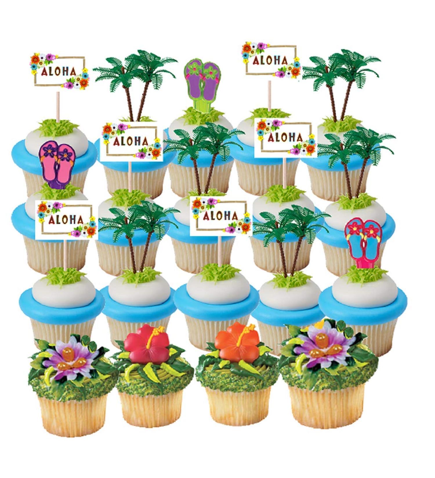 Hello Summer Hibiscus Palm Tree Aloha Fruit Themed Party/Cake Decorations -24pk