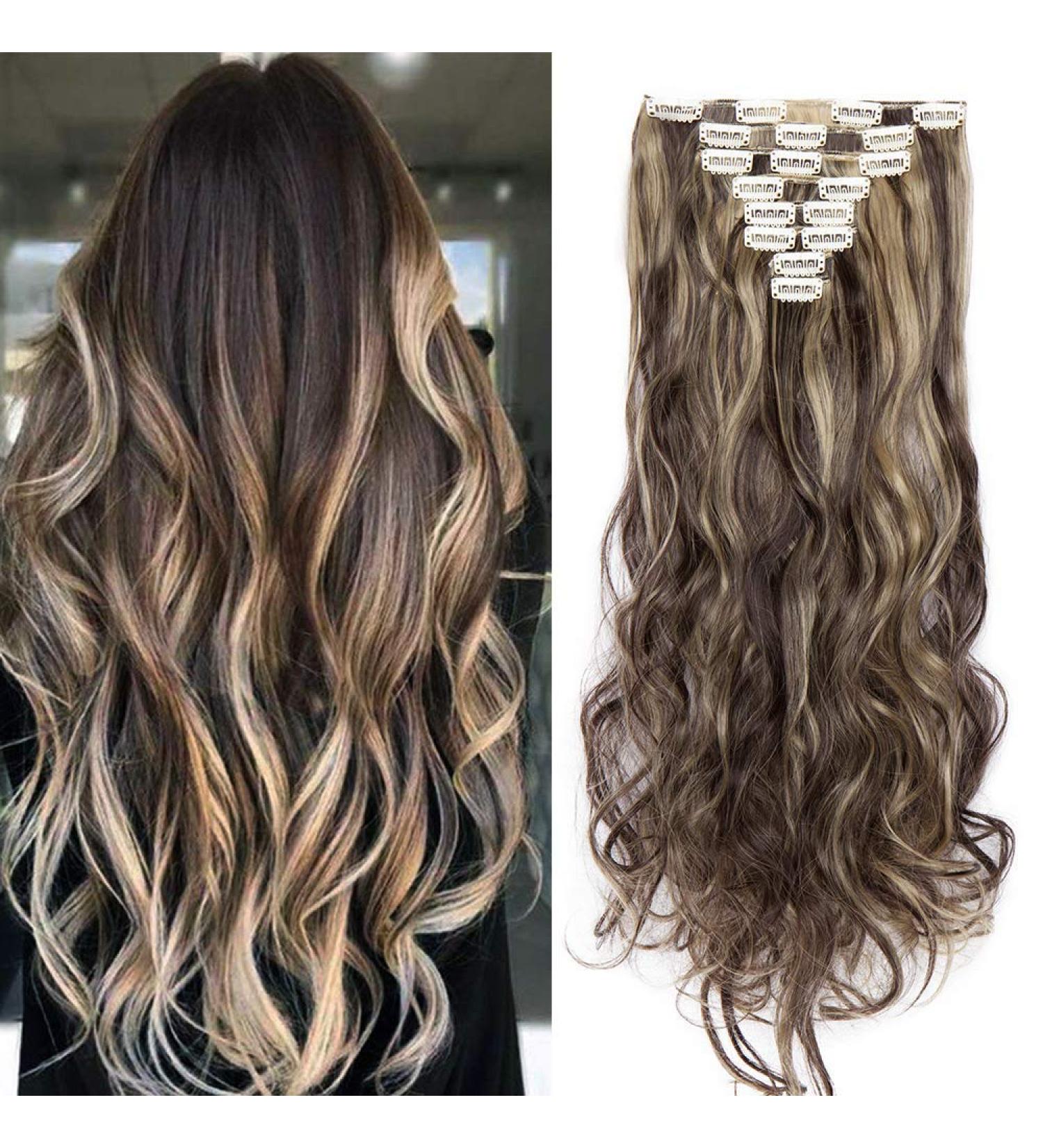 8Pcs Clip in Hair Extensions 24inch Curly Wavy Brown Synthetic Hairpiece - Dark Brown & Golden Brown - Buy Online on GoSupps.com