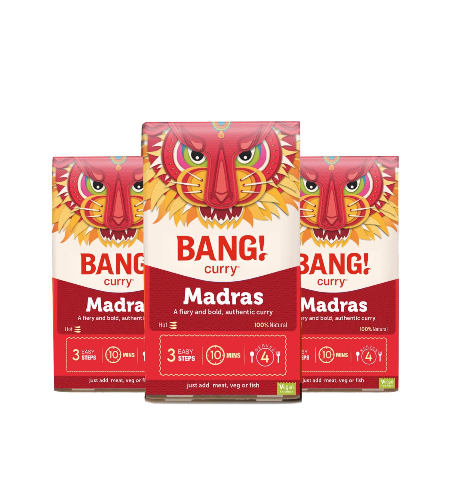 Madras Curry Sauce Kit | Authentic and Easy to use | Fiery and Bold madras curry powder | Ready in 10 min | 100% natural Vegan Friendly and Gluten free | 3 Pack - Serves 12 | BANG! Curry - Buy Online on GoSupps.com