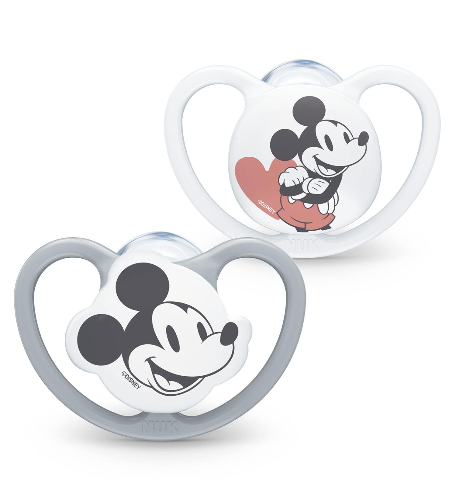 Nuk Space Schnuller for 18-36 Months | BPA-Free Silicone Pacifier | Disney Mickey Mouse | Gray & White | 2-Pack - Extra Ventilation - Buy Online on GoSupps.com