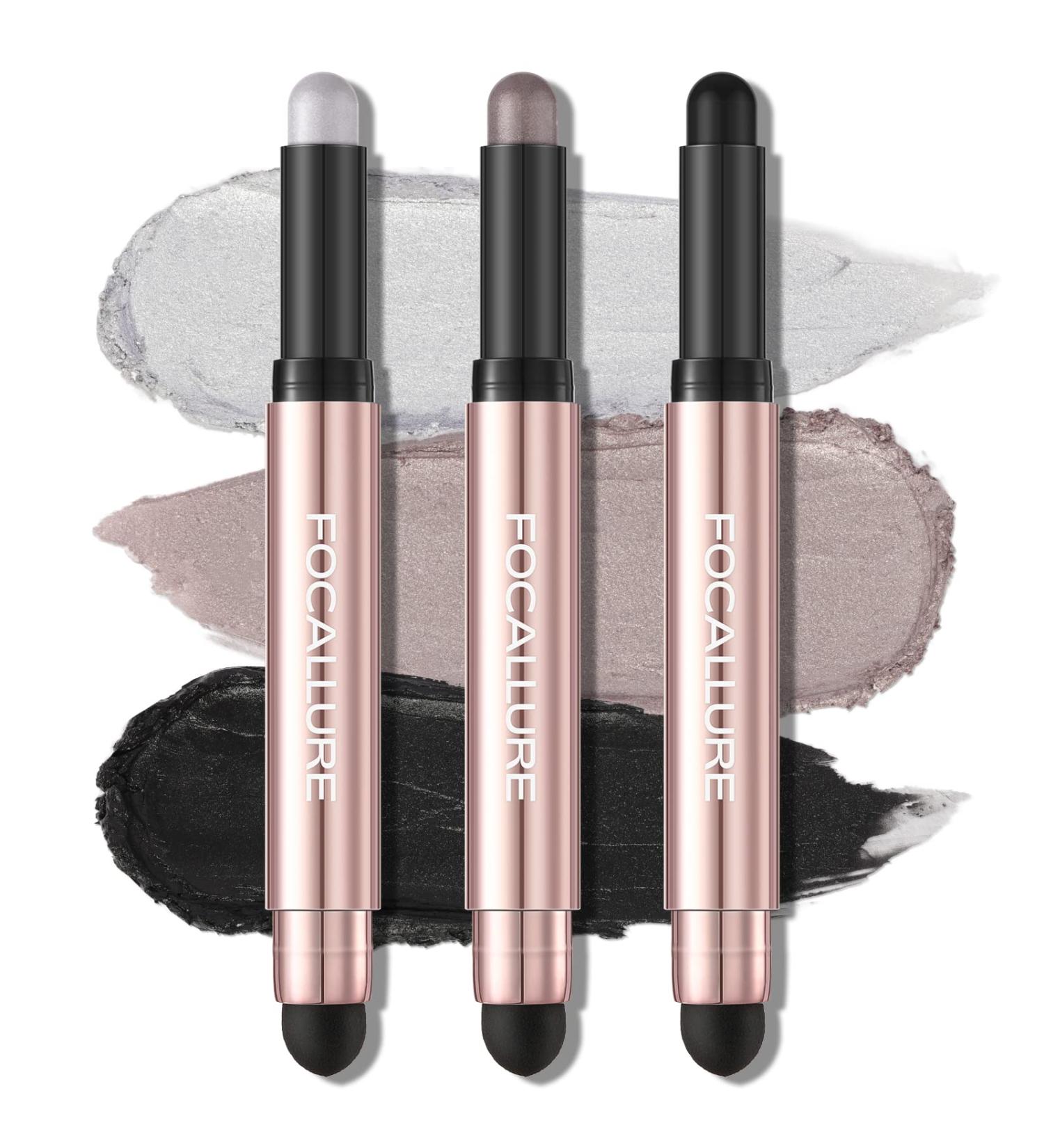 FOCALLURE 3 Pcs Eyeshadow Sticks Set - Shimmer & Matte Crayons with Blending Sponge Brush - Buy Online on GoSupps.com