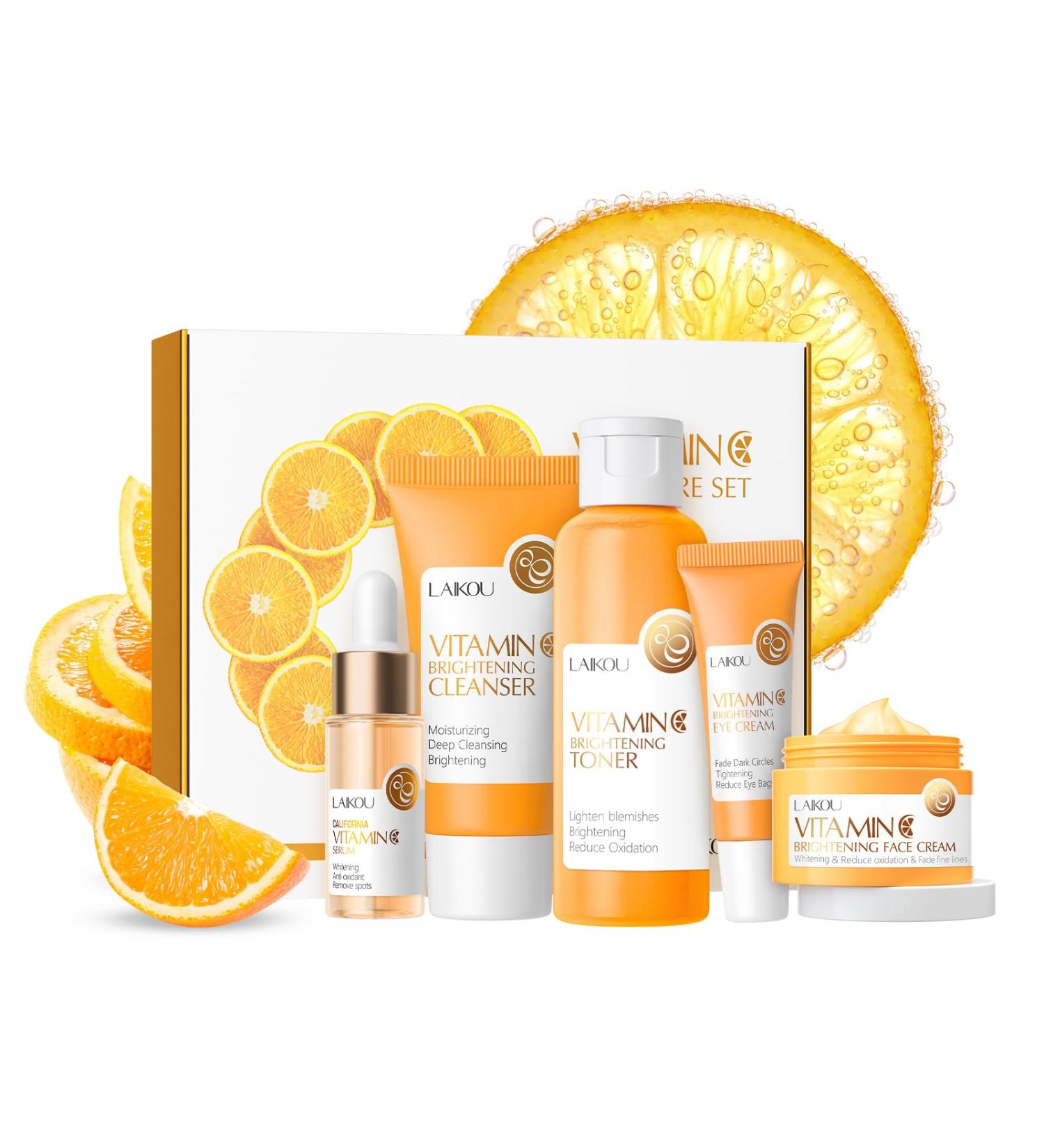 Vitamin C Skin Care Set - 5pcs Women's Beauty Gift Kit with Cleanser Toner Serum Eye Cream & Face Cream | TSA-Friendly Travel Set for Moms Daughters & Teens - Buy Online on GoSupps.com