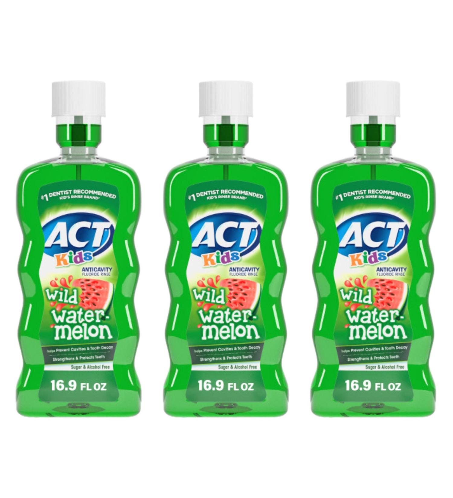 ACT Kids Anticavity Fluoride Mouthwash Sugar & Alcohol Free Mouth Rinse Strengthens Teeth Wild Watermelon 16.9 fl. oz. 3 Pack