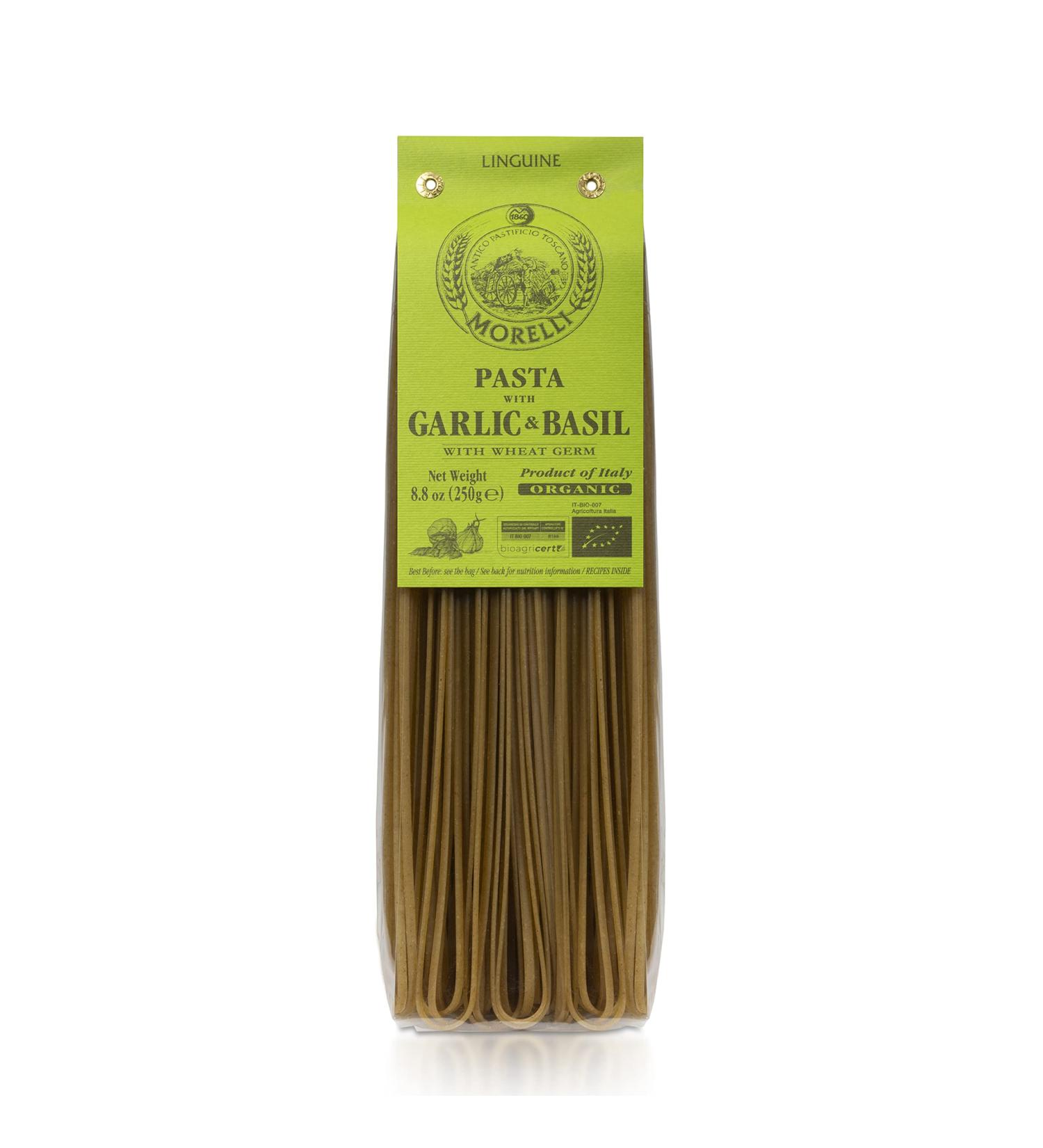 Morelli Organic Garlic and Basil Linguine - Handmade Gourmet Pasta from Italy, 8.8oz - Buy Online on GoSupps.com