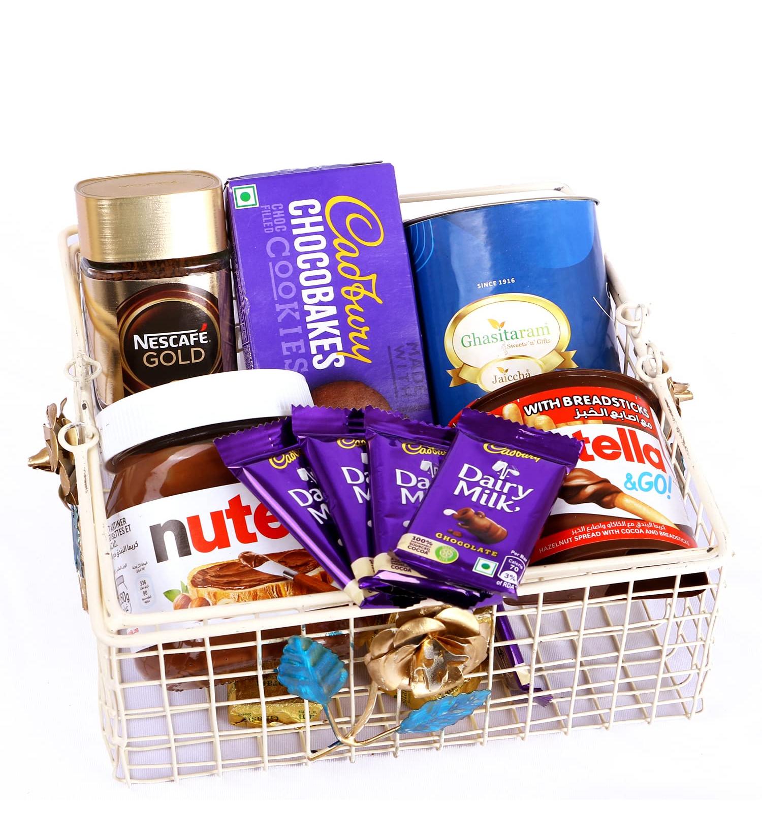 Ghasitaram Gifts Jaiccha White Metal Basket of Assortments with Channa Laddoo Can|Gift for Diwali Gifts Holi Rakhi Valentine Christmas Birthday Anniversary Her Him| - Buy Online on GoSupps.com