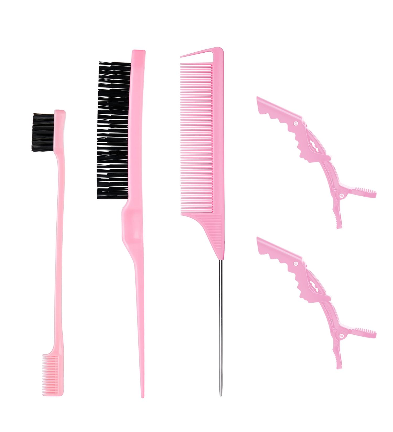 Pink Hair Styling Comb Set - 5 Pieces for Edges Control, Teasing, Rat Tail Comb, and Alligator Clips - Women, Girls, Stylists Beauty Accessories - Buy Online on GoSupps.com