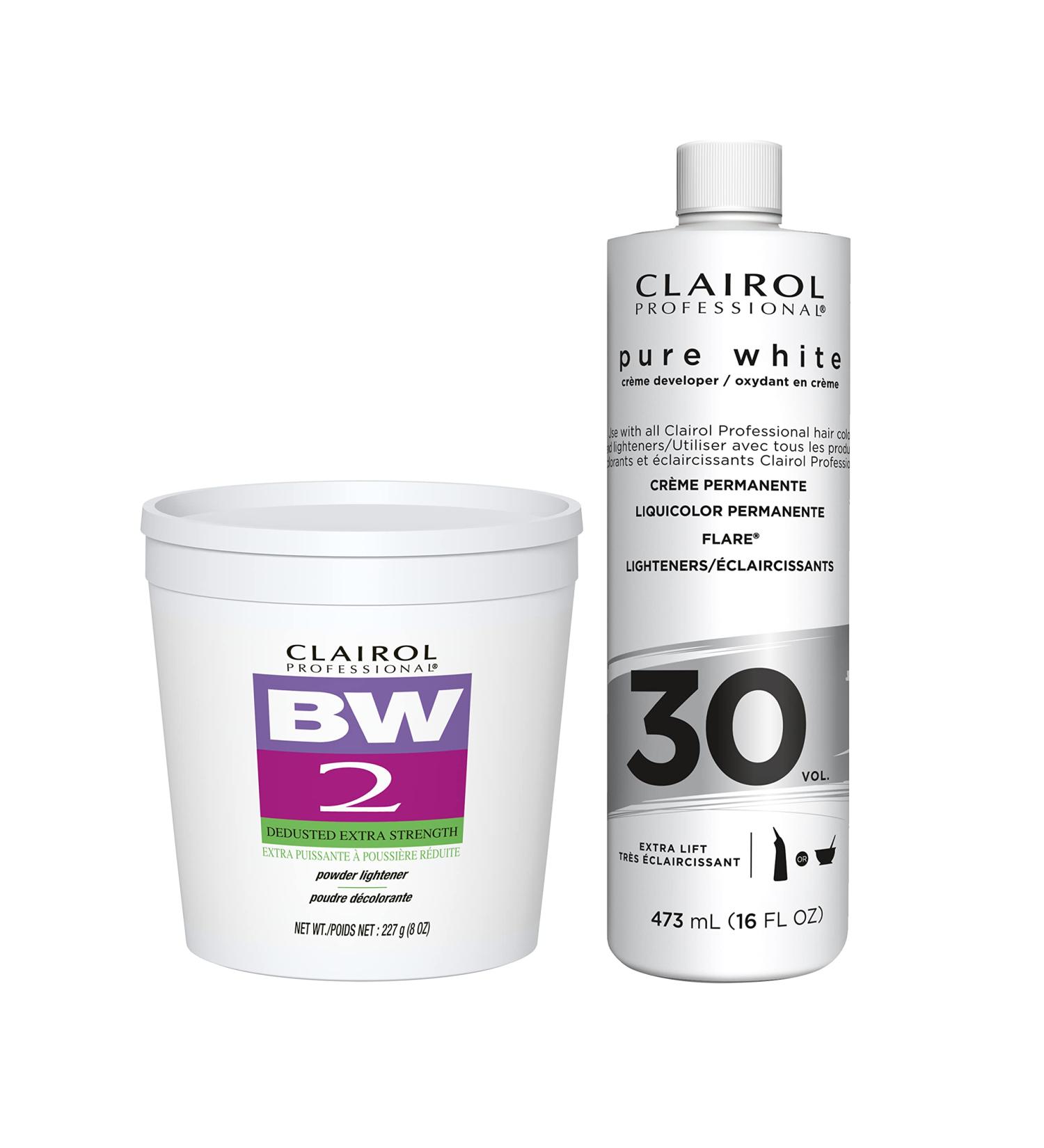 Clairol Professional Bw2 Lightener for Hair Highlights, 8 oz. & & Pure White 30 volume Crme Developer, 16 oz. Bundle